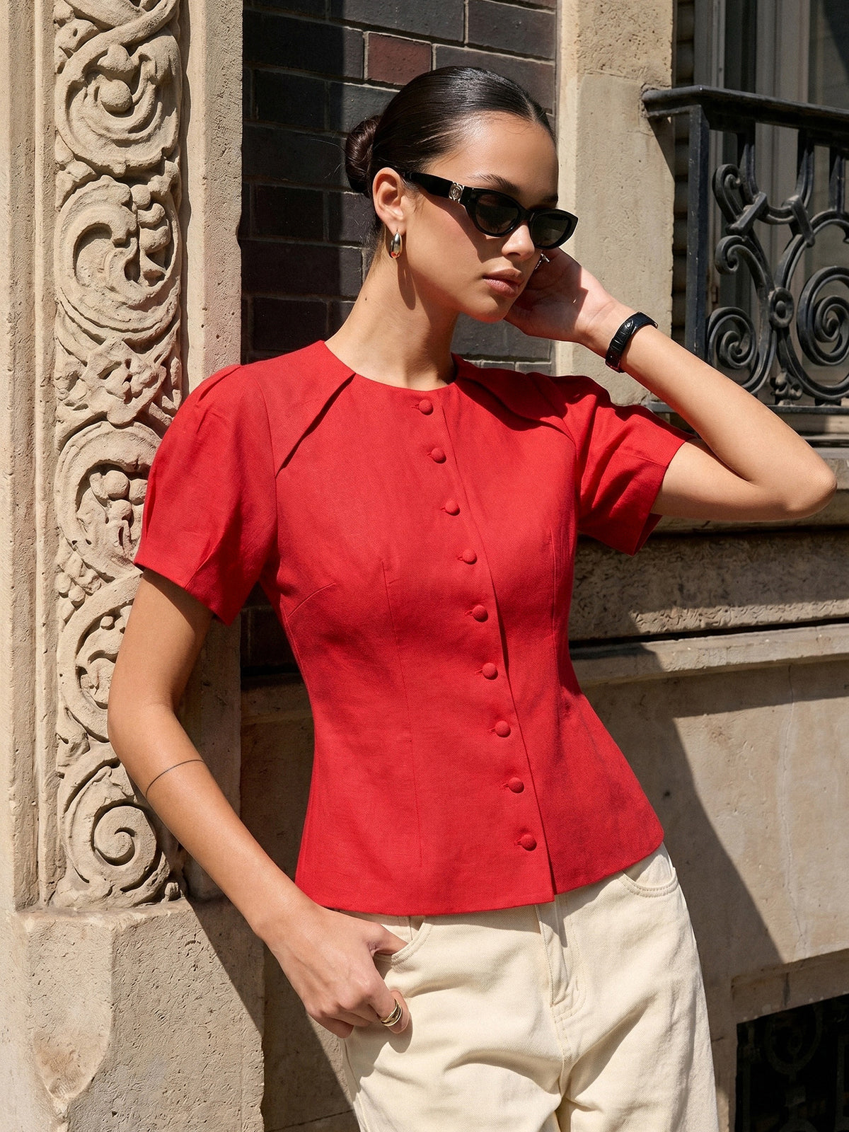 Puff Sleeve Fitted Linen Blend Blouse - Women's Elegant Casual Top