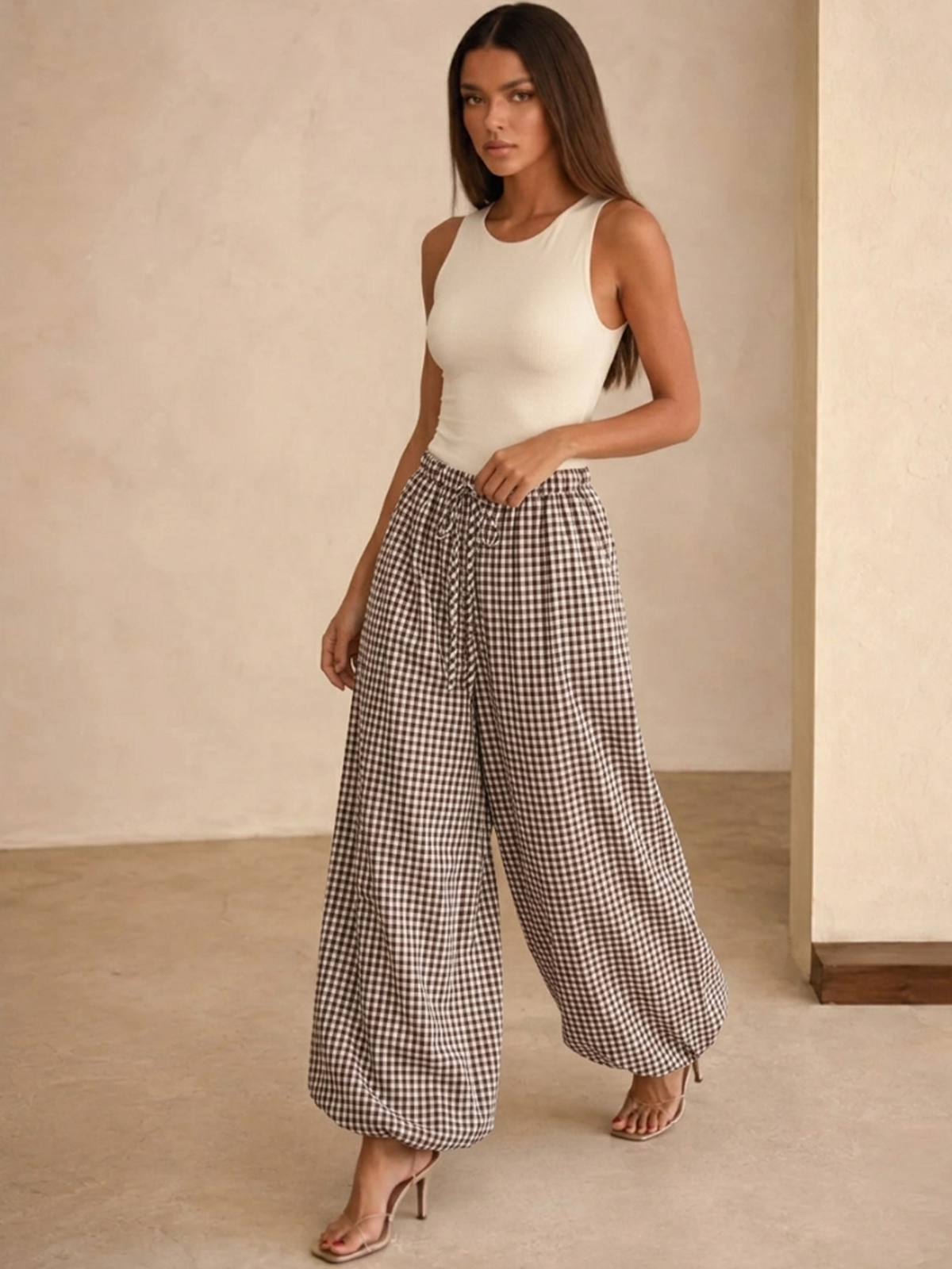 Drawstring Plaid Loose Balloon Pants for Women High Waist Casual