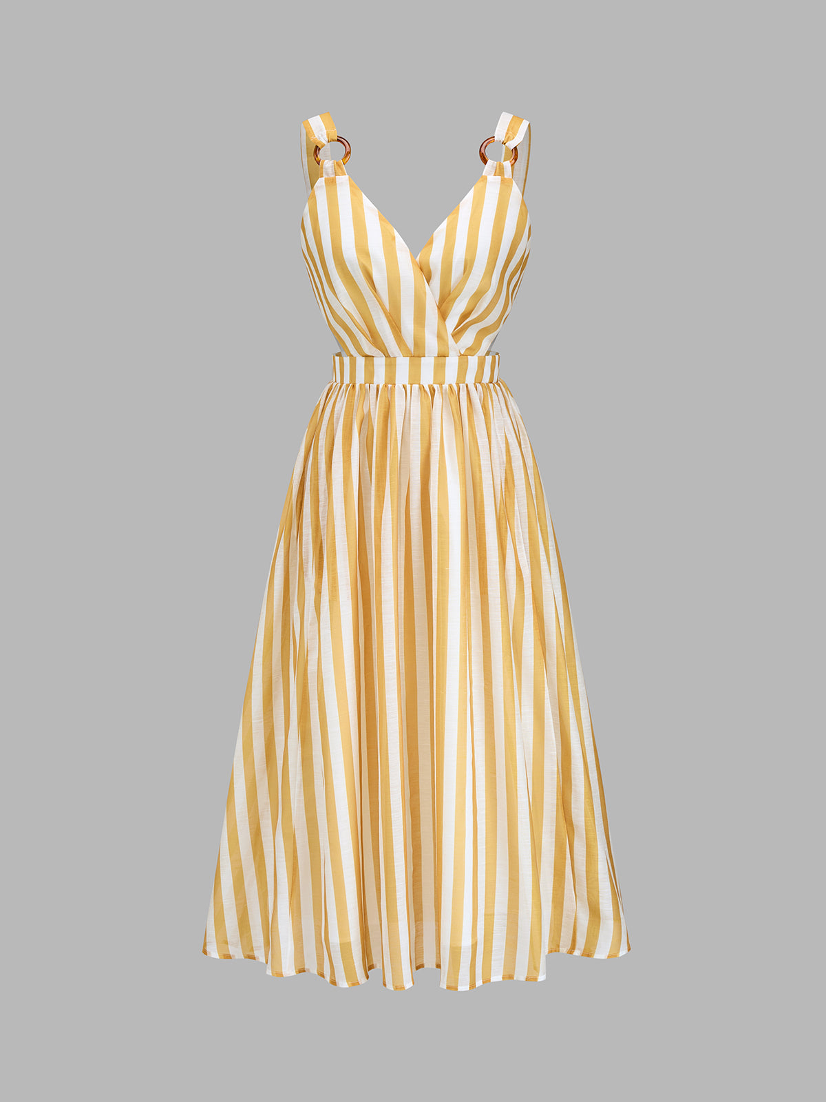 Ring Strap Striped Cutout Midi Dress with Adjustable Waist Tie