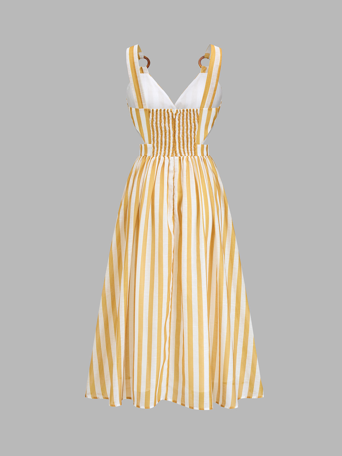 Ring Strap Striped Cutout Midi Dress with Adjustable Waist Tie