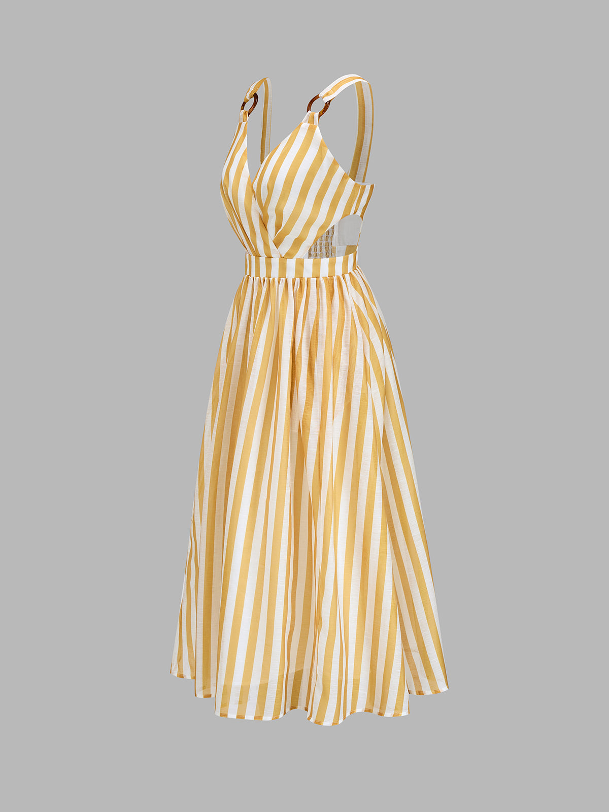 Ring Strap Striped Cutout Midi Dress with Adjustable Waist Tie