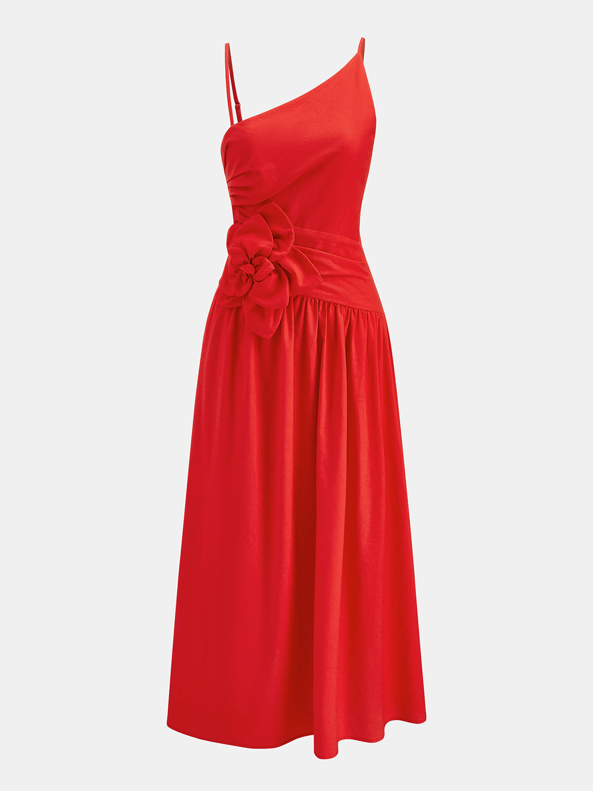 Floral Appliqué One-Shoulder Midi Dress Perfect for Summer Weddings