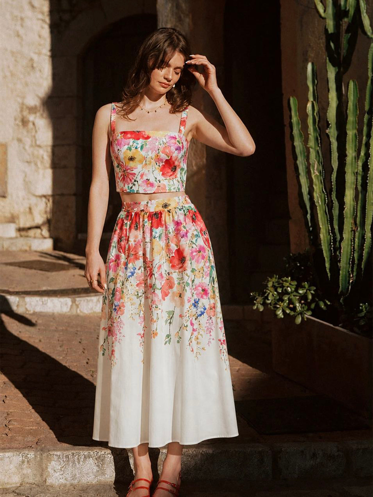 Watercolor Flower Two Piece Skirt Set for Spring Summer Casual Wear