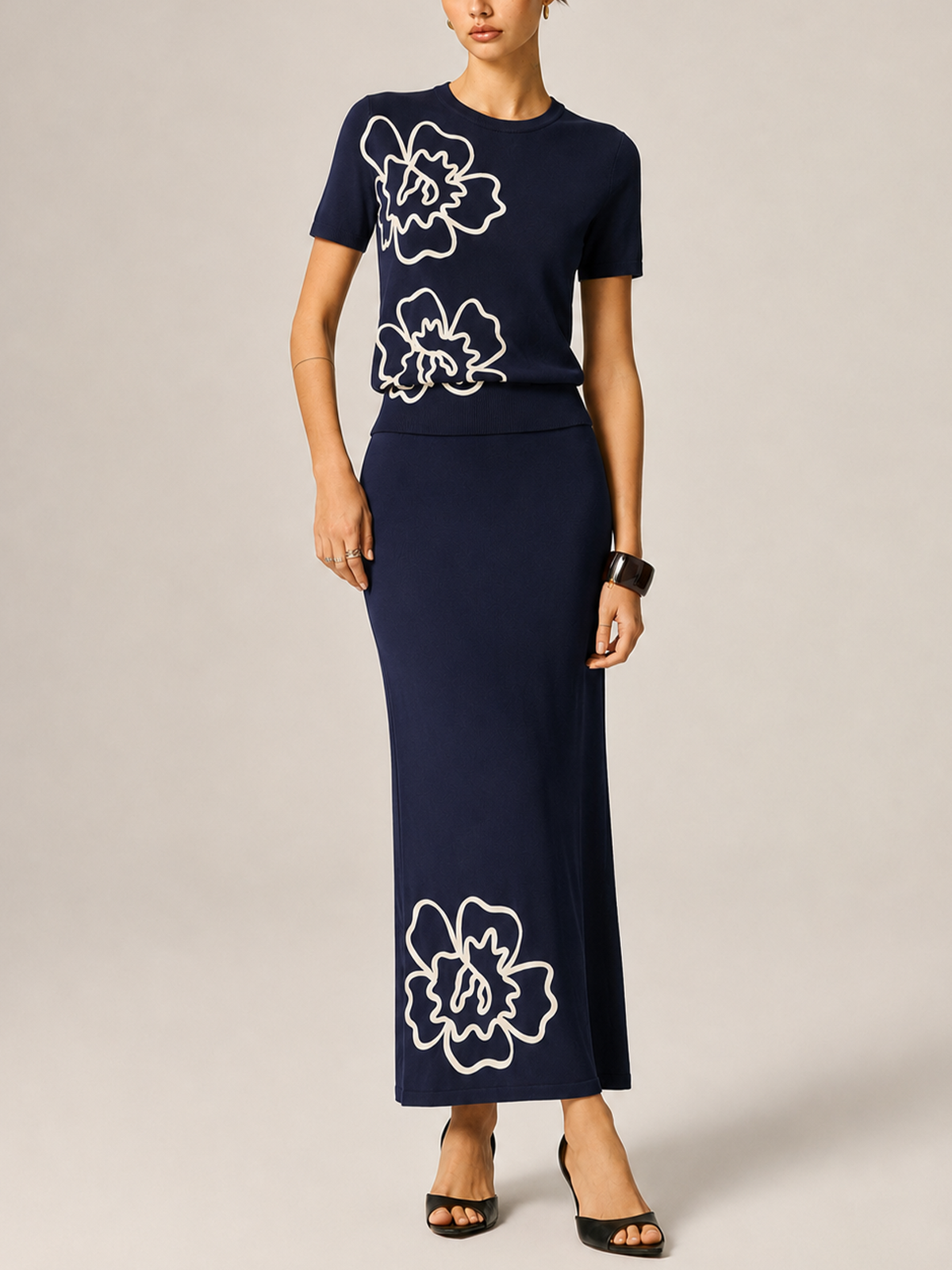 Floral Applique Knitted Co-Ord Set for Women Trendy Casual Outfit