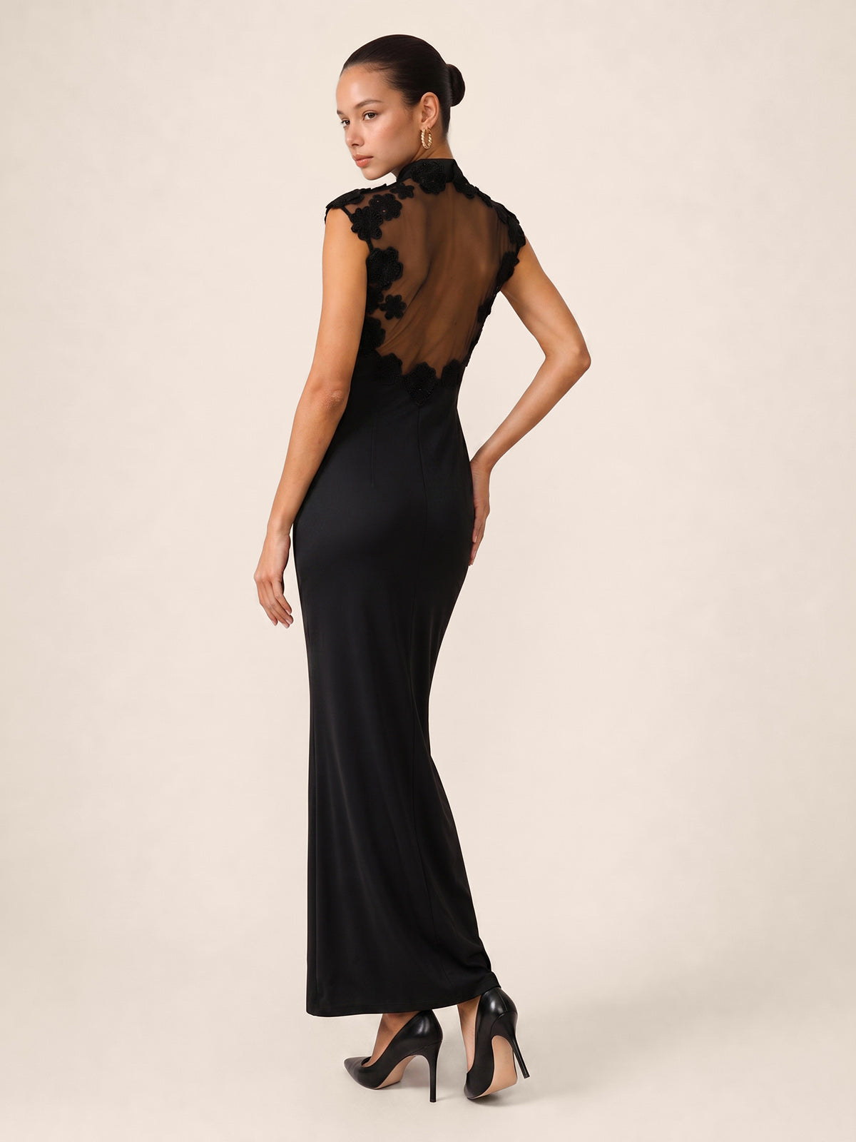 Floral Appliqué Sheer Back Mandarin Collar Maxi Dress for Special Occasions