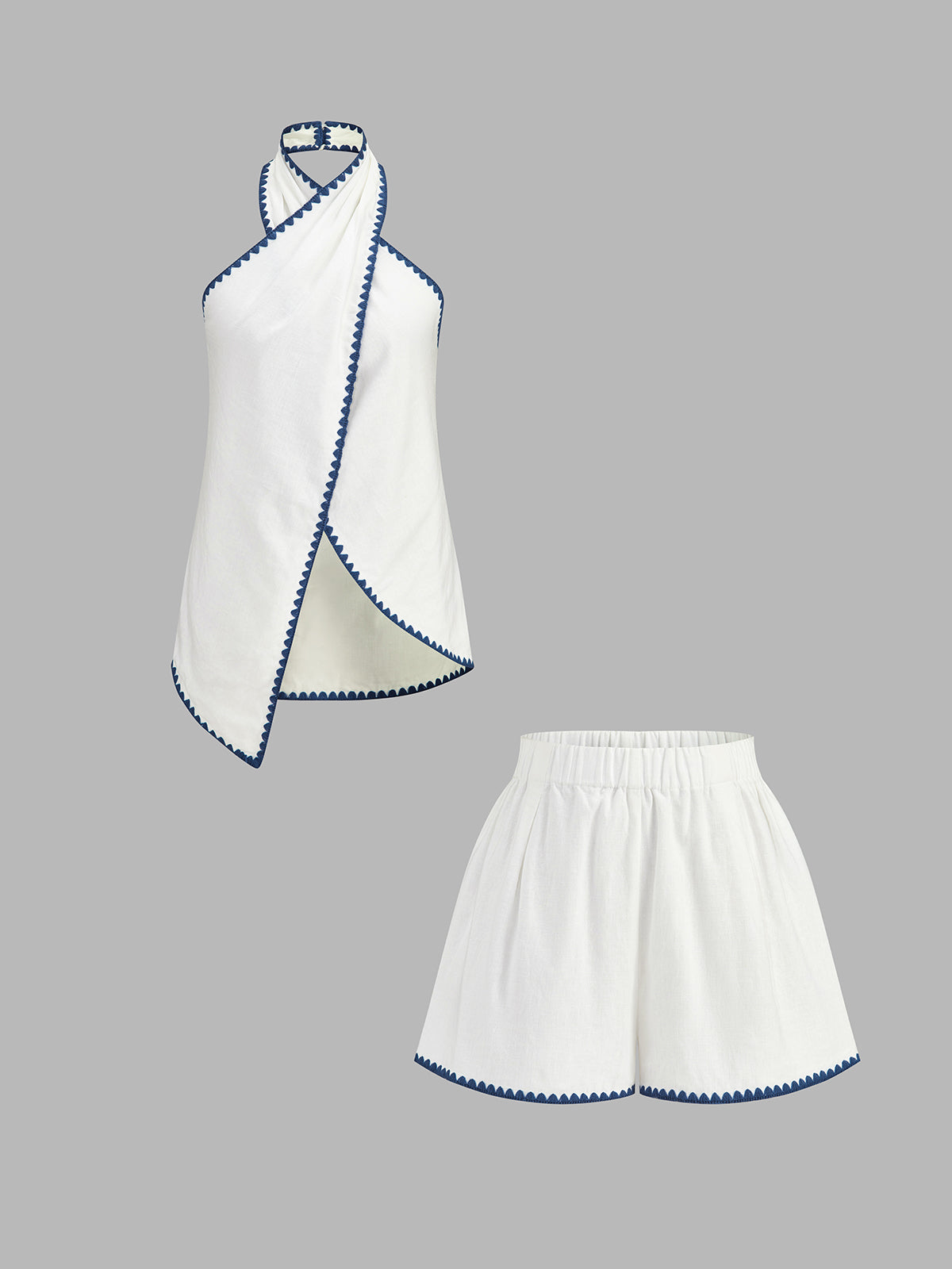 Scallop Trim Linen Blend Two Piece Shorts Set for Women Summer Casual