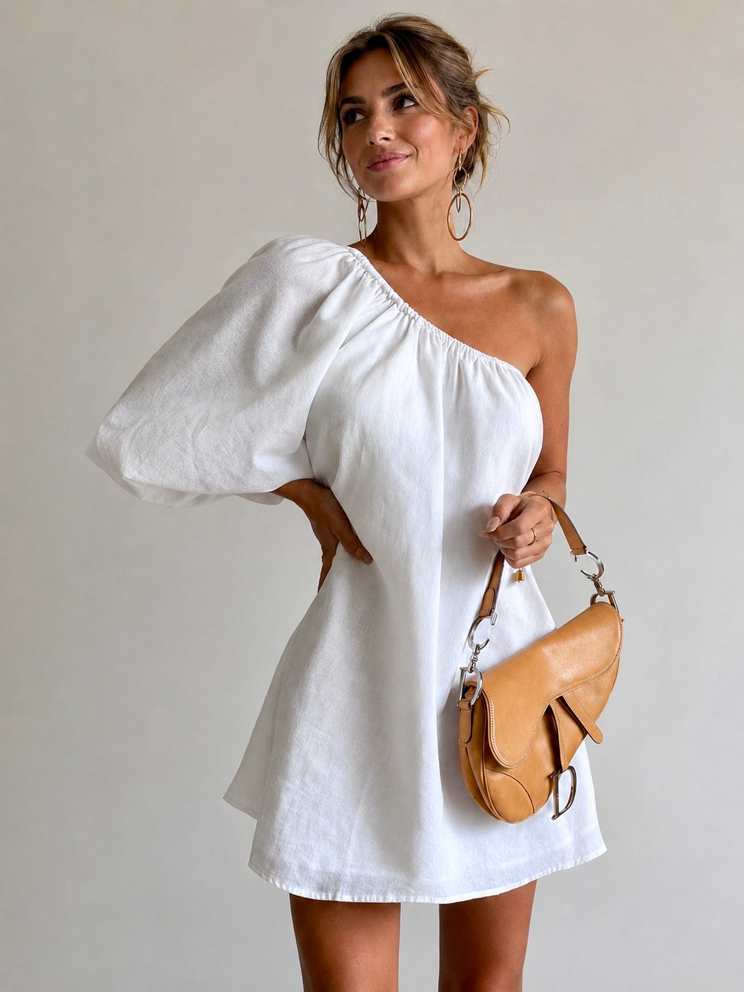 Aegean Cotton Linen One Sleeve Short Dress with Side Zip Closure