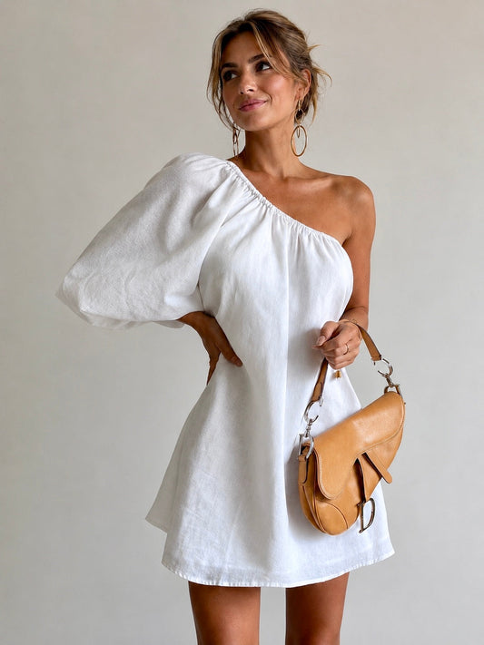 Aegean Cotton Linen One Sleeve Short Dress with Side Zip Closure