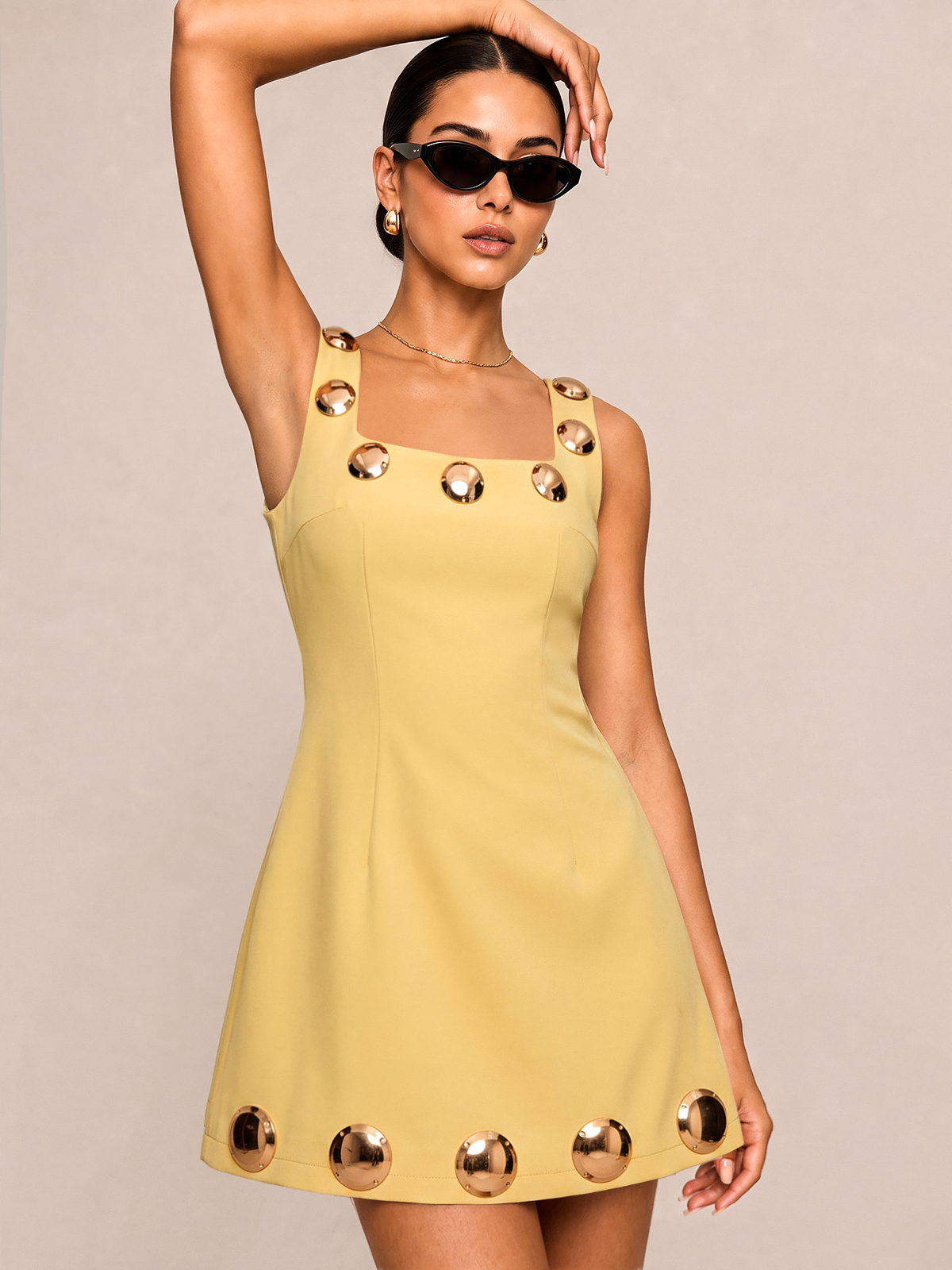 Square Neck Metal Detail A-Line Mini Dress with Side Pockets