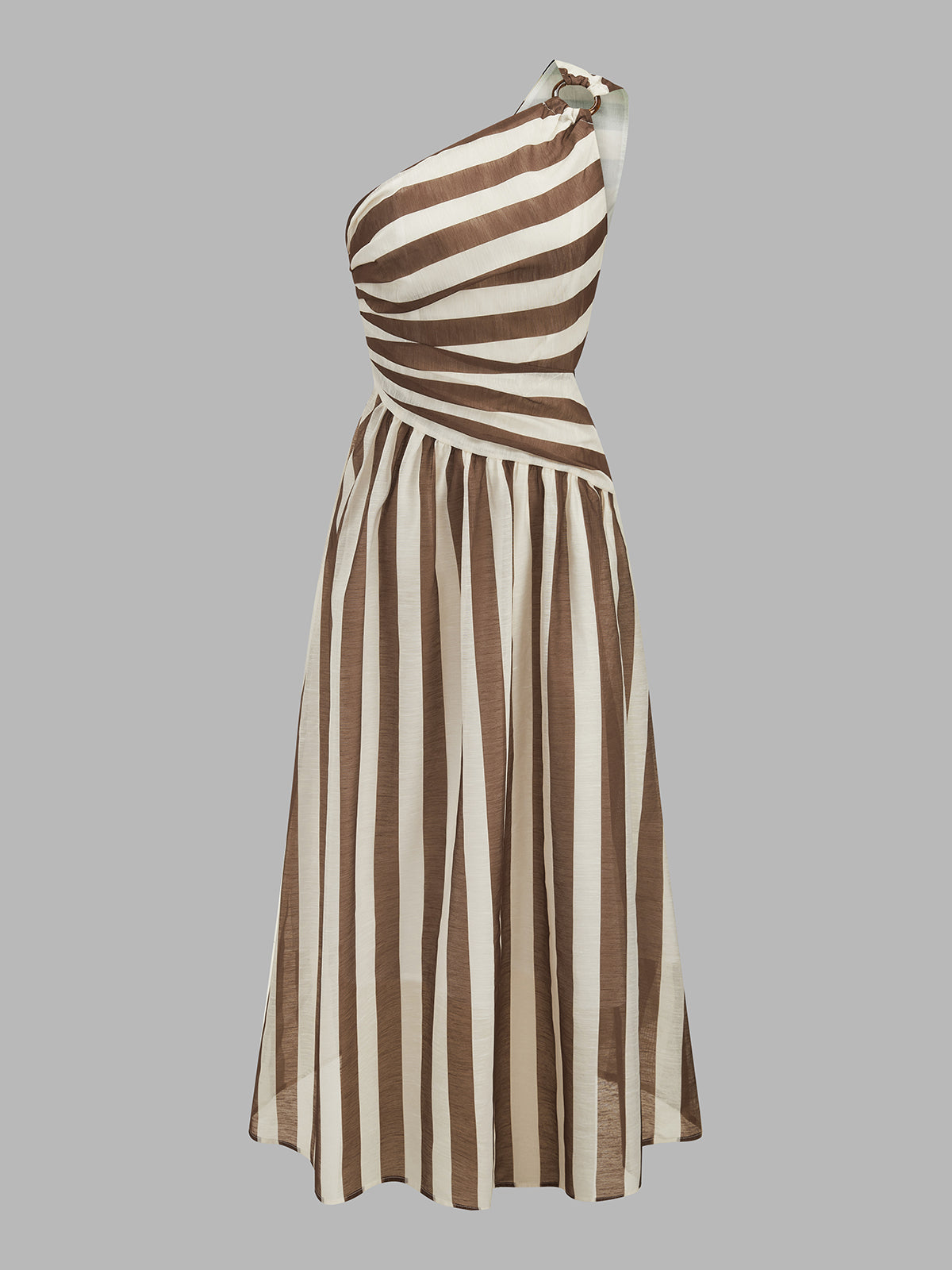 One-Shoulder Striped Ring Detail Midi Dress with Side Slit