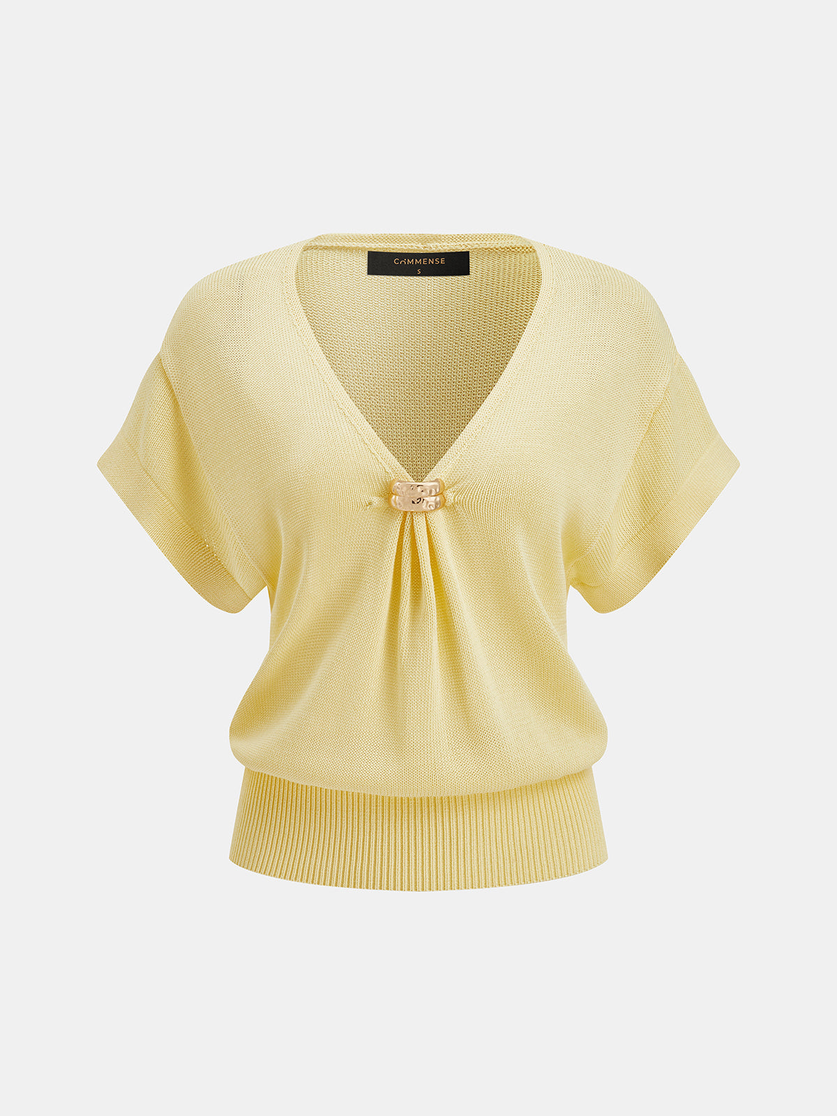 Short Sleeve V Neck Metal Detail Casual Women's Knit Top