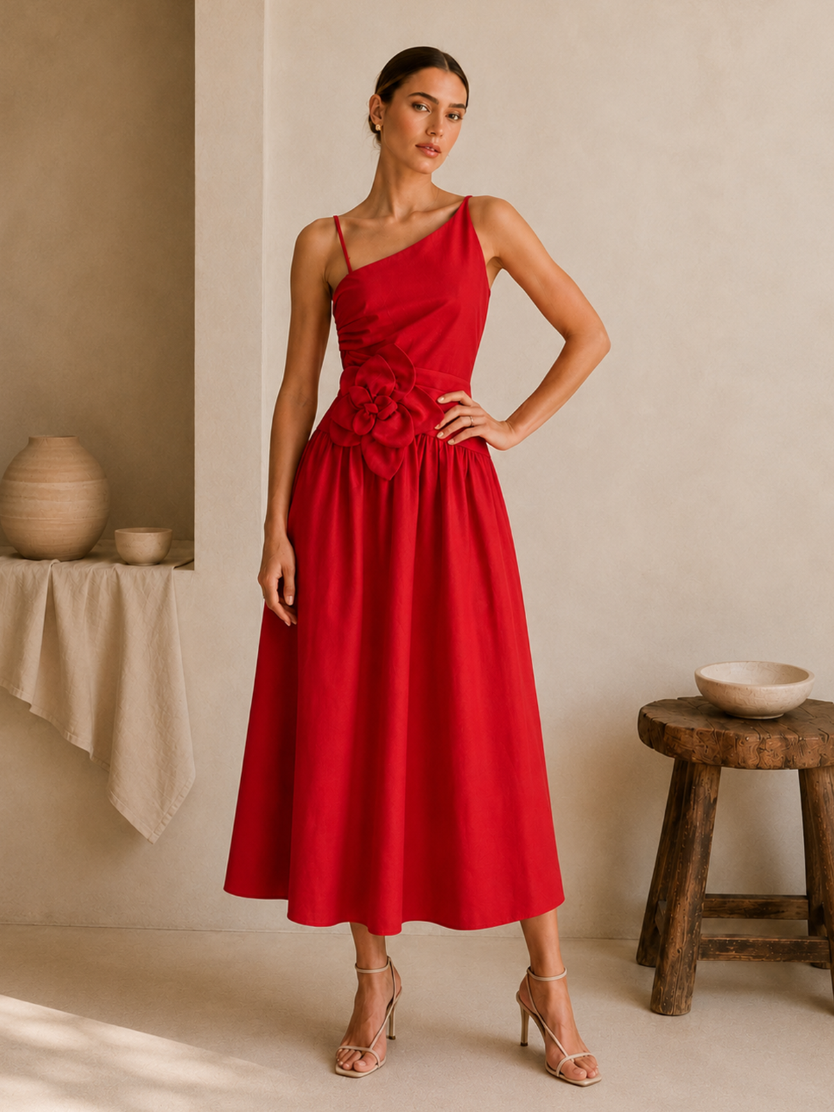 Floral Appliqué One-Shoulder Midi Dress Perfect for Summer Weddings
