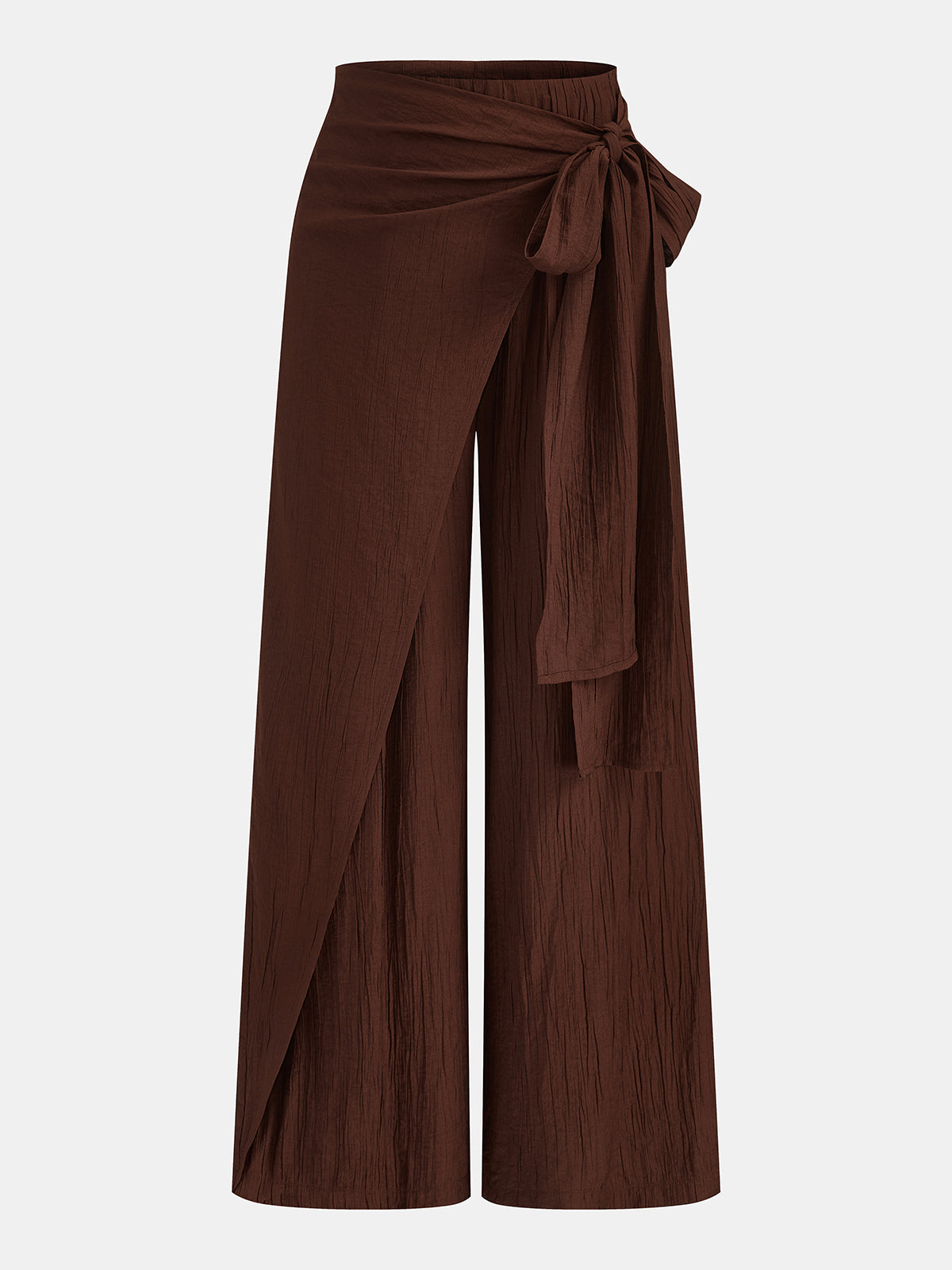 Wrap Tie Crinkle Wide Leg Pants with High Waist Comfort