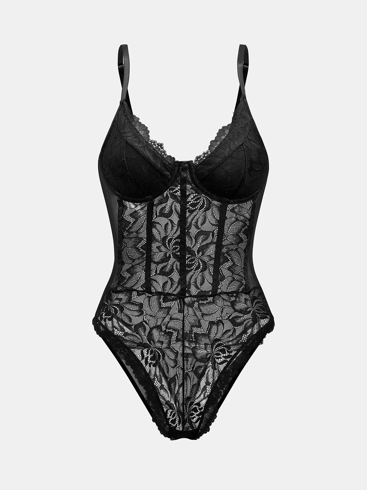Floral Lace Boned Corset Bodysuit with Adjustable Straps and Thong