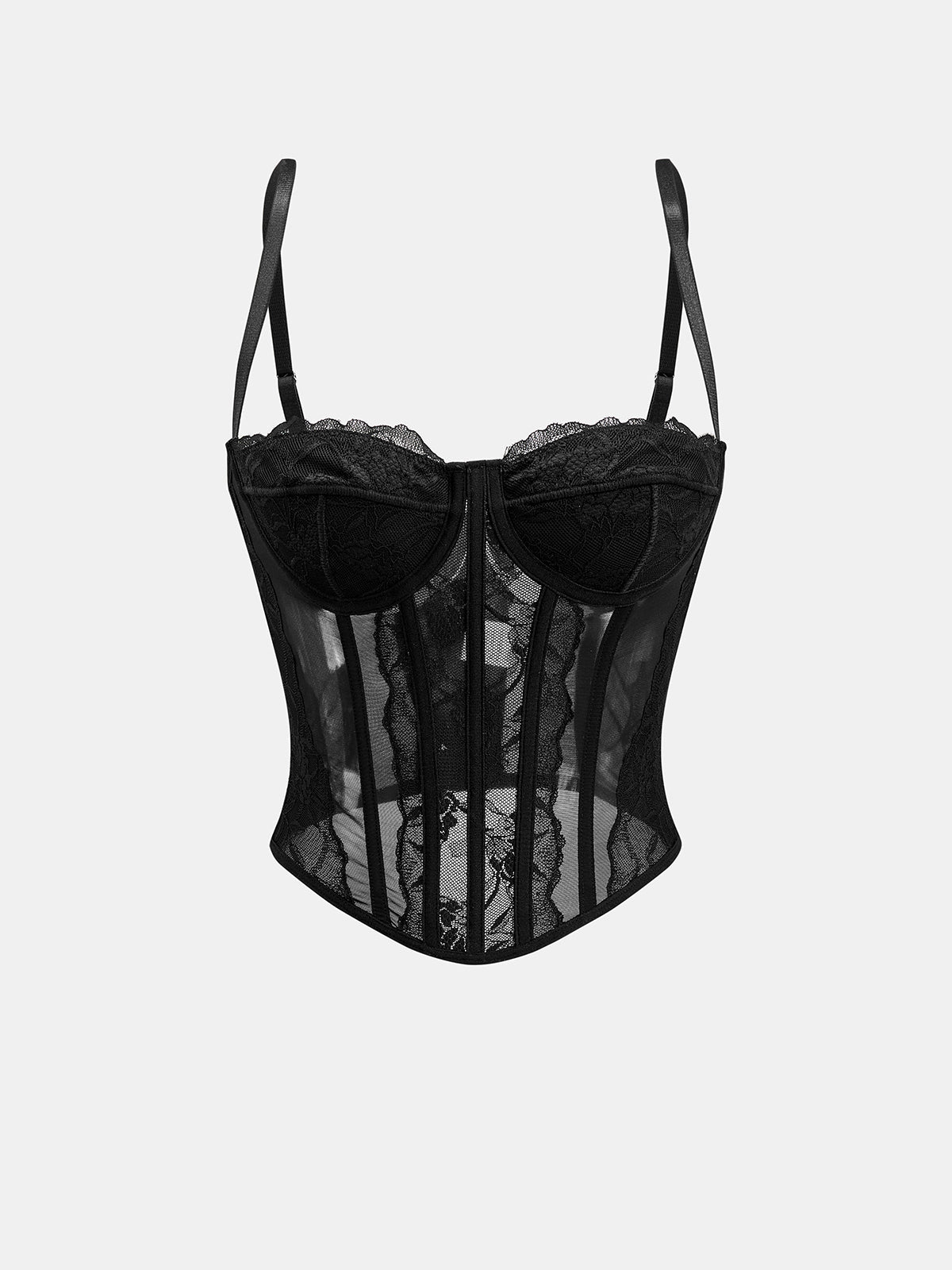 Sheer Mesh Boning Corset Top with Lace-Up Back