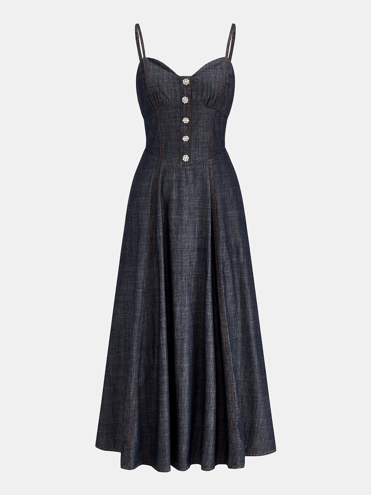 Rhinestone Decor Denim Slip Midi Dress with Adjustable Straps