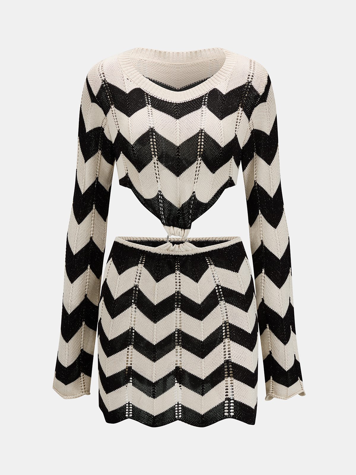 Long Sleeve Cutout Chevron Knit Mini Dress for Women Casual Party
