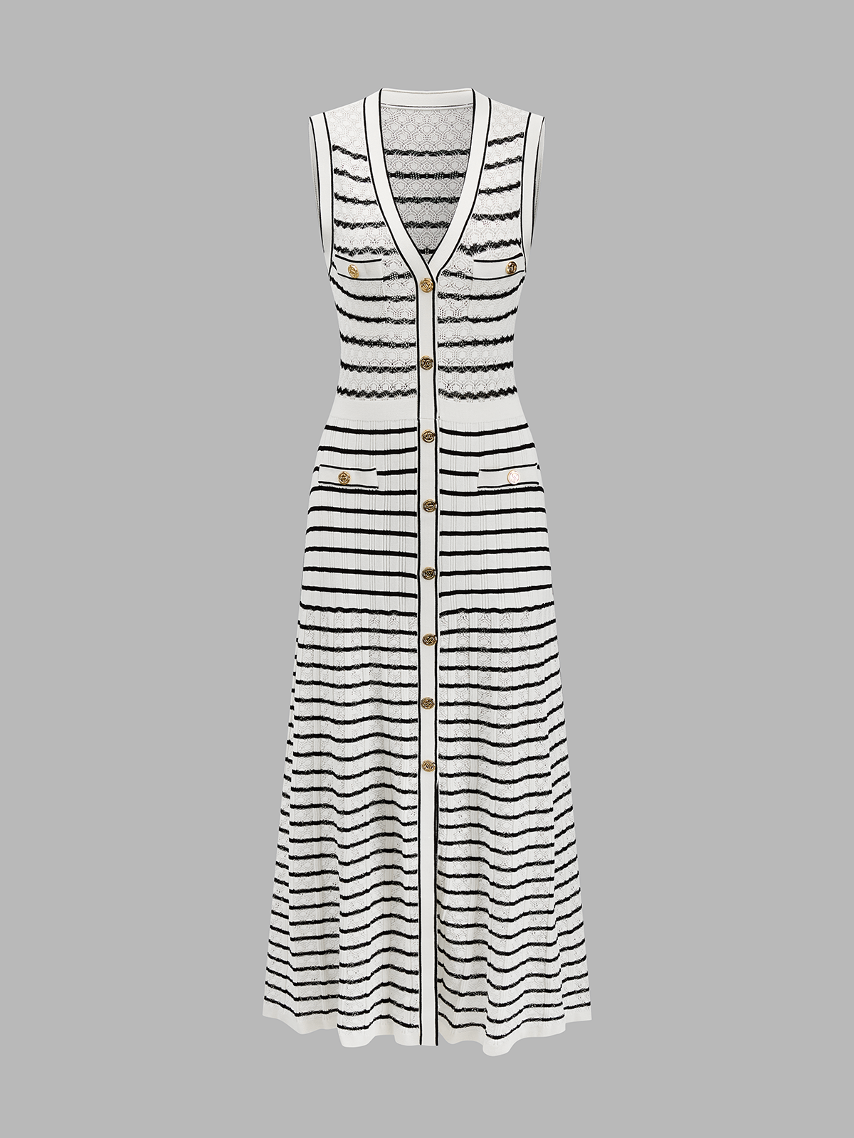 Striped Button-Front Knit Midi Dress with Belted Waistband