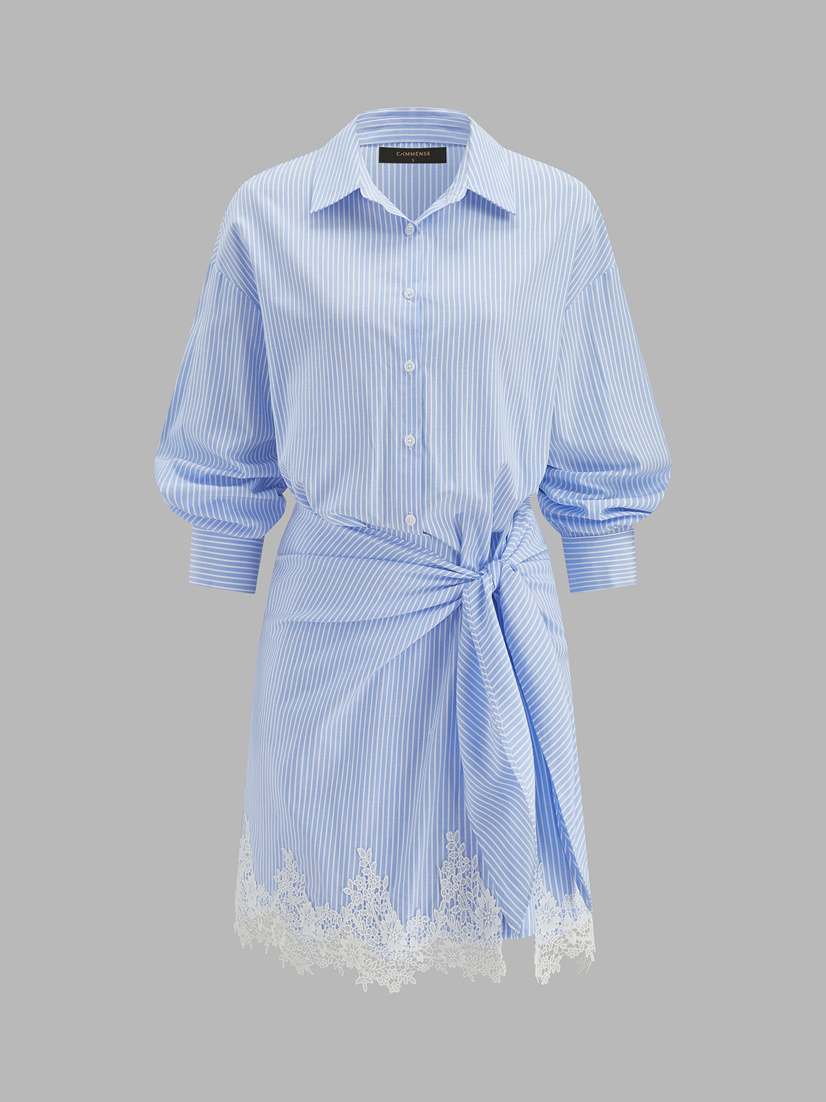 Striped Shirt Dress with Detachable Lace Hem Wrap, Casual Long Sleeve Design