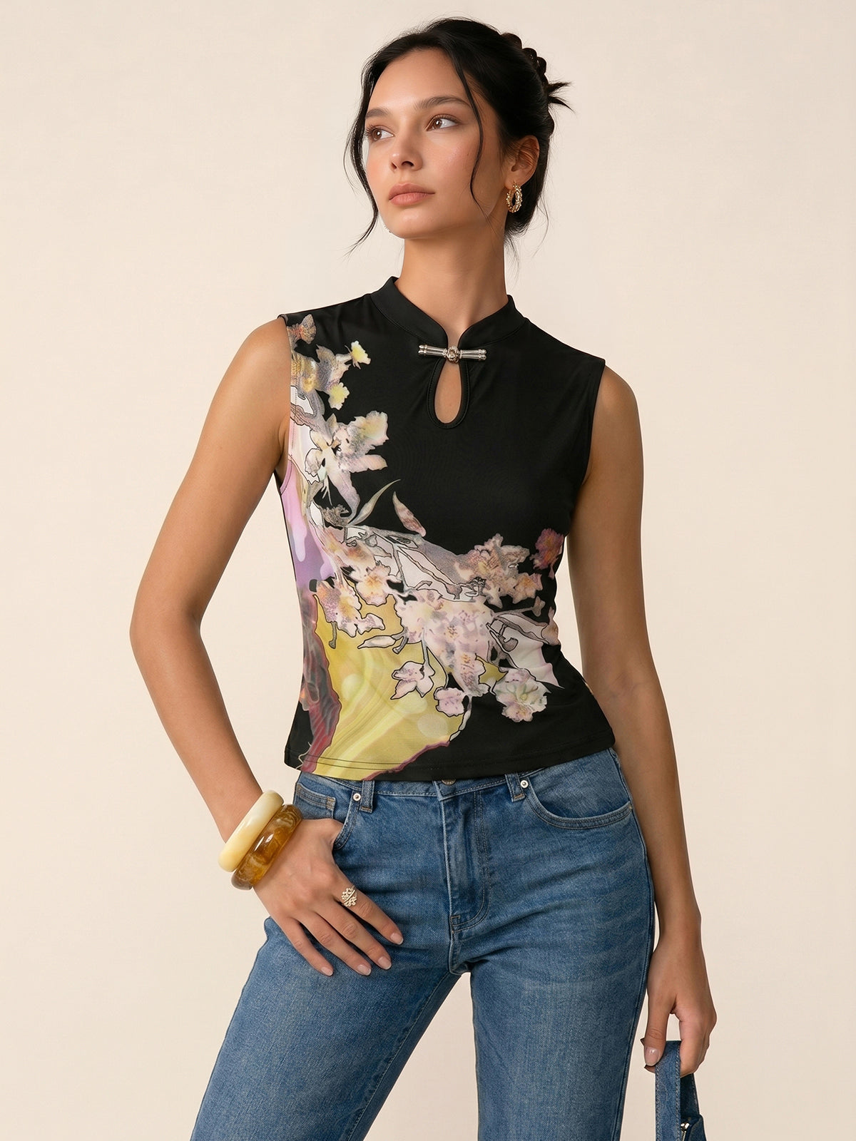 Keyhole Metal Buckle Floral Print Mesh Top with Ruffle Detail