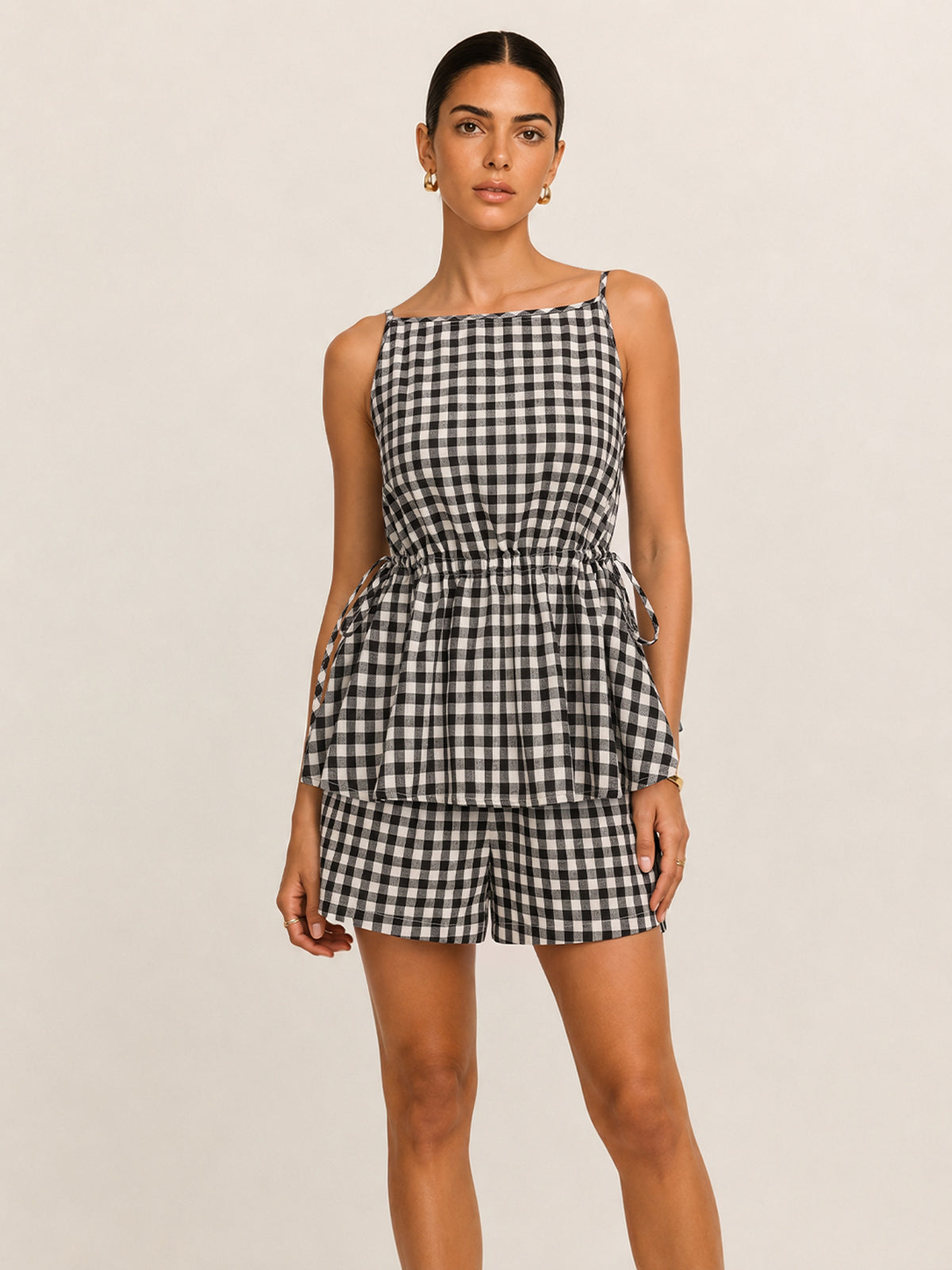 Gingham Drawstring Peplum Top & Shorts Set for Women Casual Summer Outfit