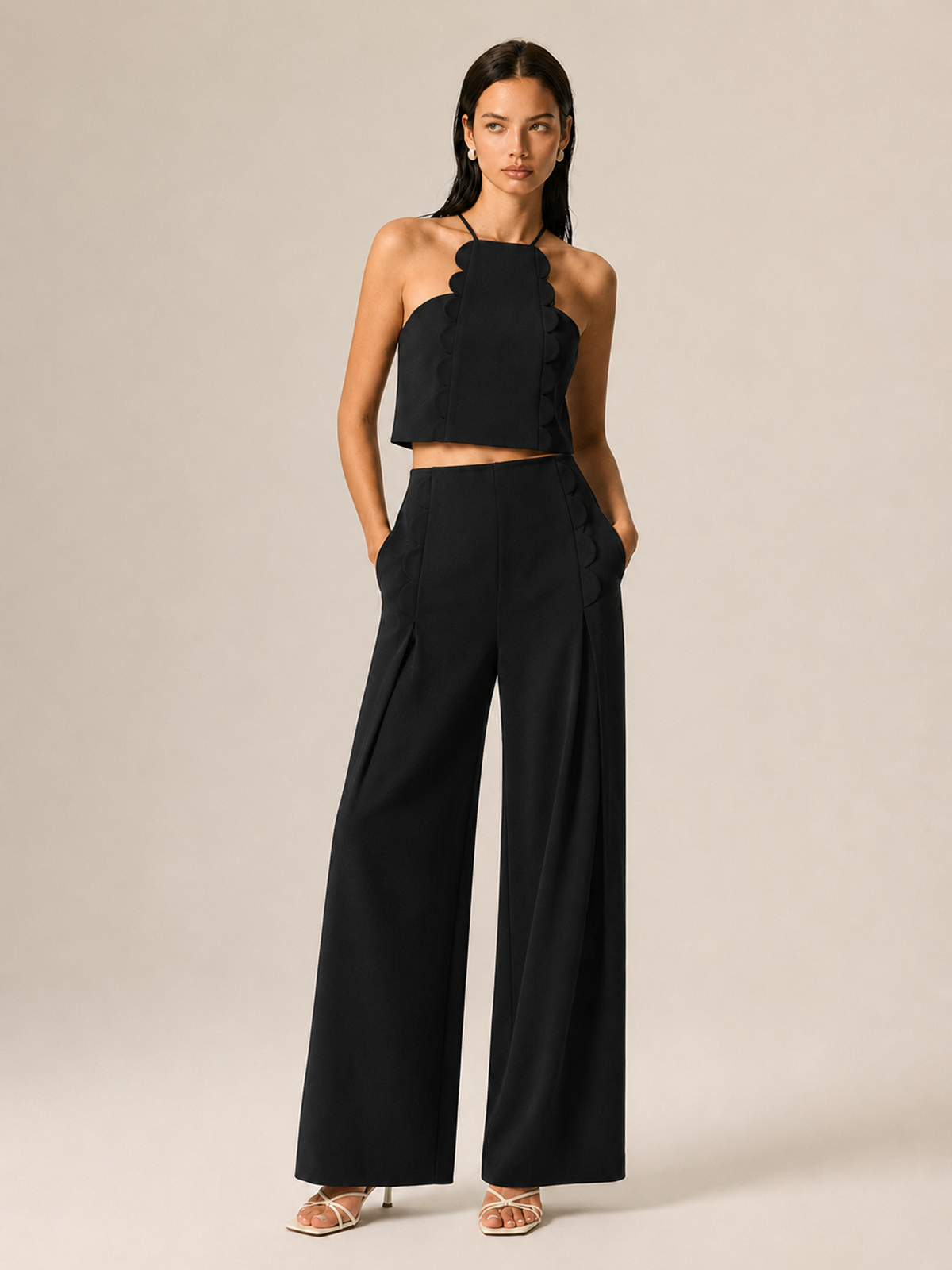 Scalloped Halter Crop Top & High-Waisted Pants Set for Women