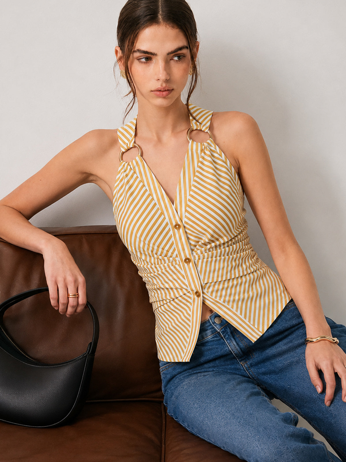Ring Detail Striped Sleeveless Top for Women Casual Summer Wear