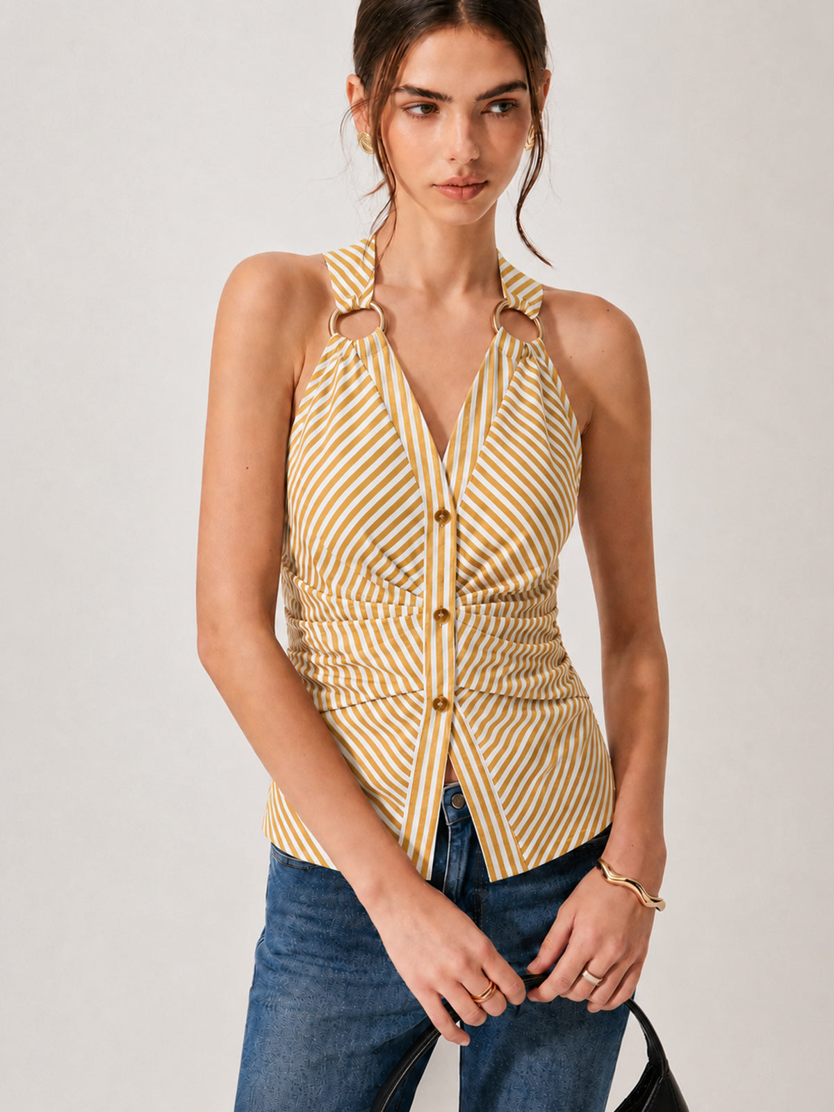 Ring Detail Striped Sleeveless Top for Women Casual Summer Wear