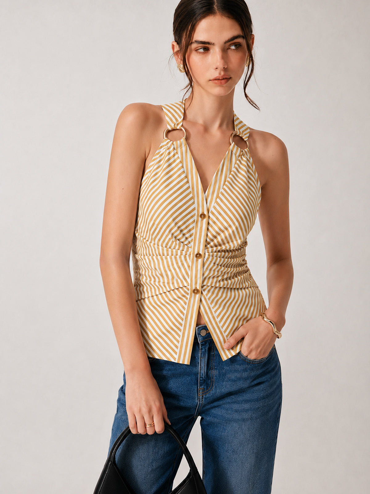 Ring Detail Striped Sleeveless Top for Women Casual Summer Wear