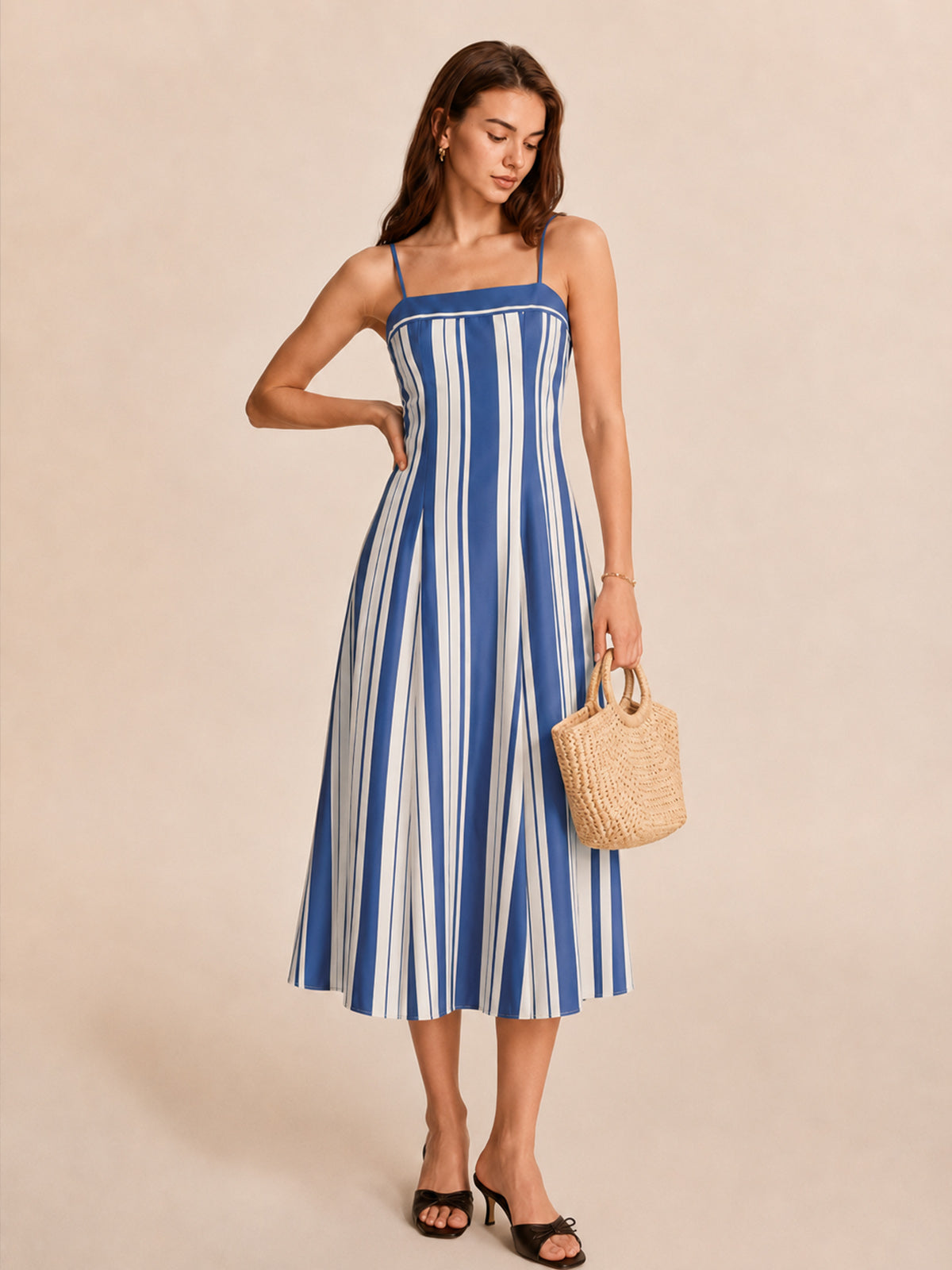Striped Adjustable Strap Midi Sundress with Pockets and V-Neckline