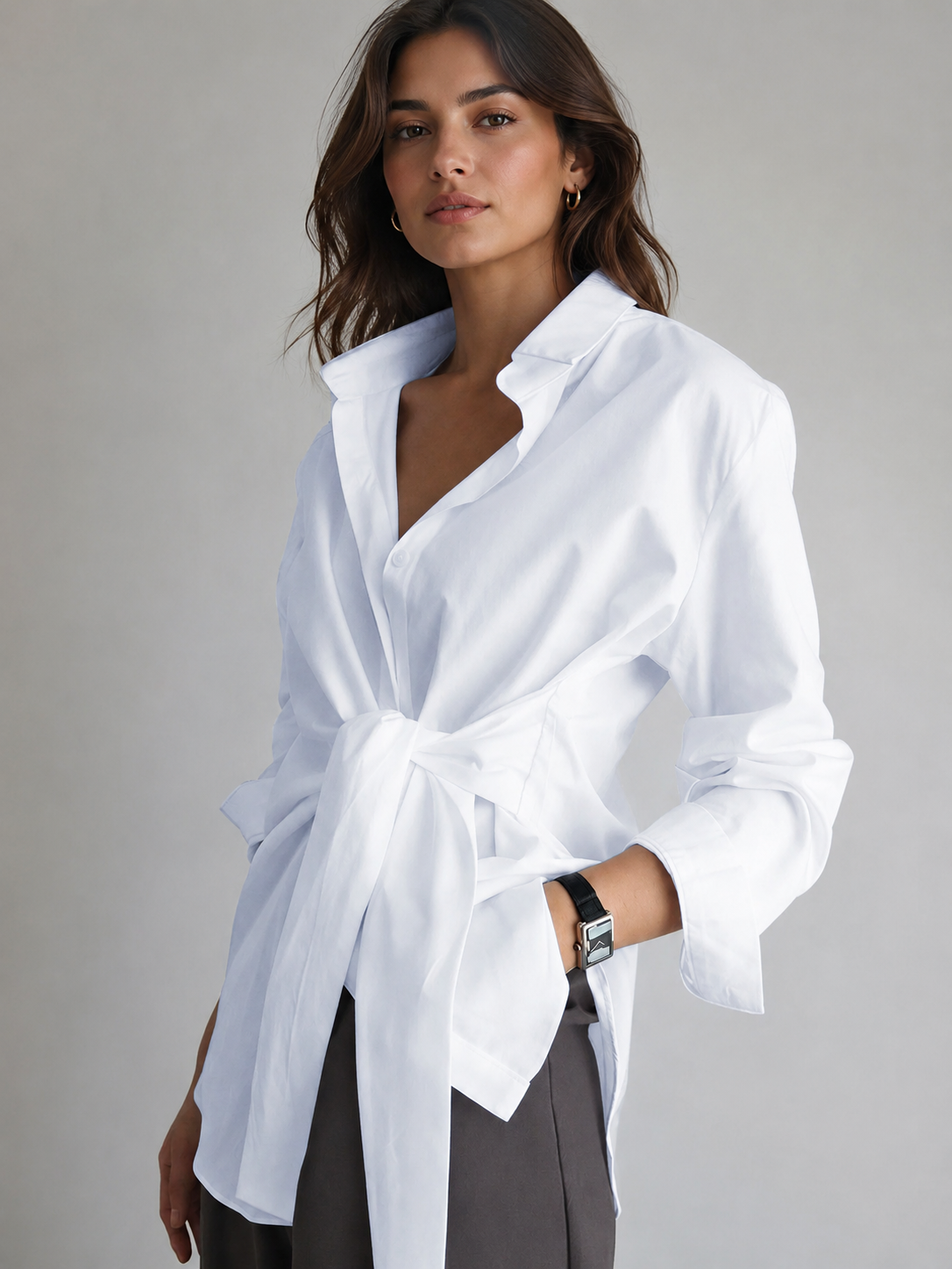 Semi-Sheer Button Down Tied Long Shirt, Casual Lightweight Summer Top