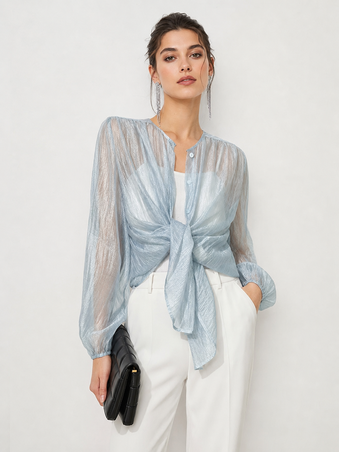 Semi-Sheer Through Long Sleeve Button Blouse with Elegant Tie Neck