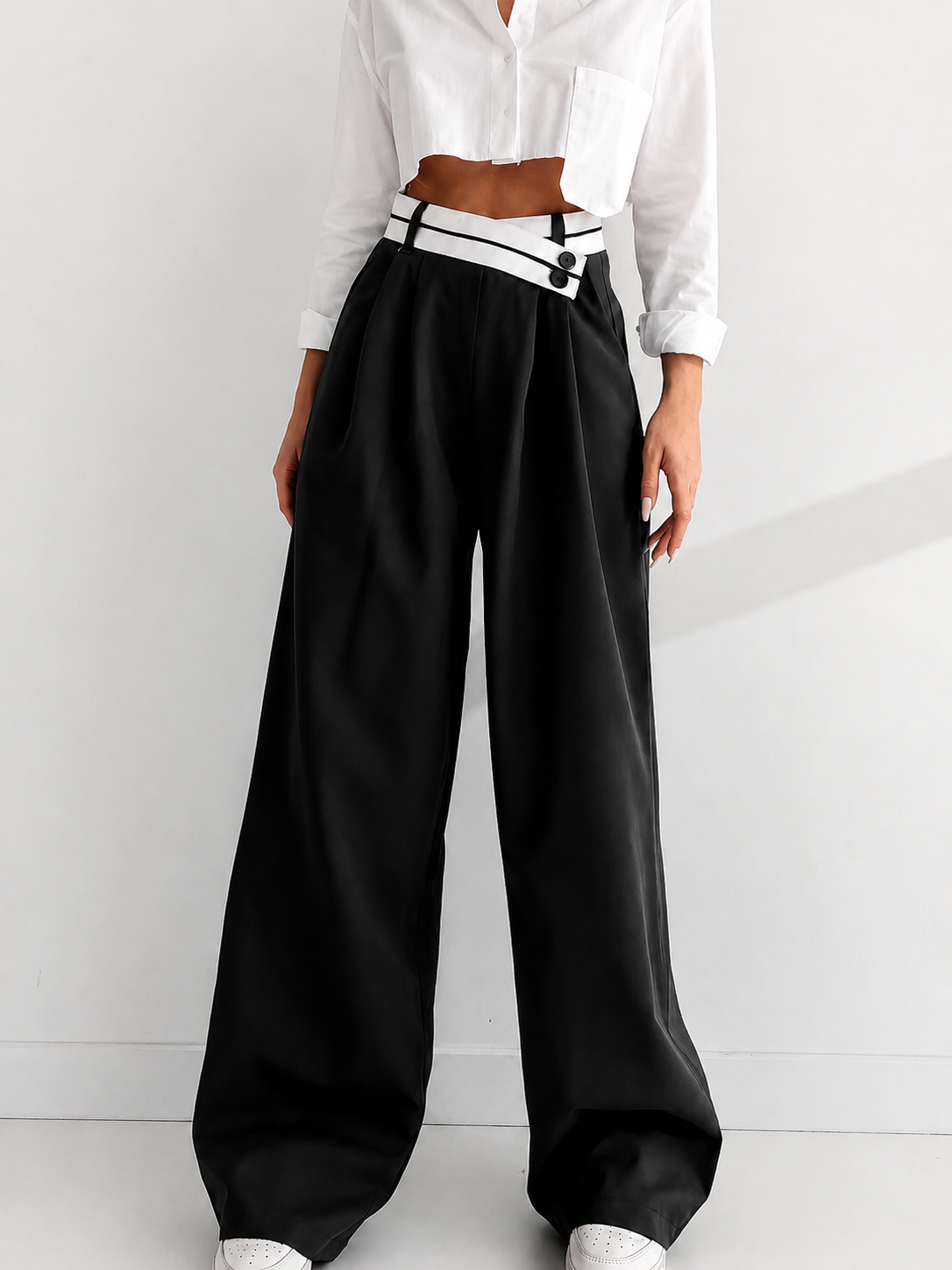 Asymmetrical Contrast Waistband Wide Leg Dress Pants for Women Comfort Fit