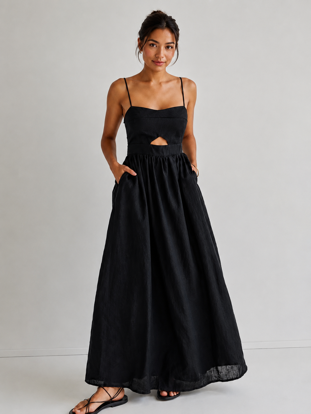 Cotton Sleeveless Pockets Cutout Long Dress for Women Summer Casual