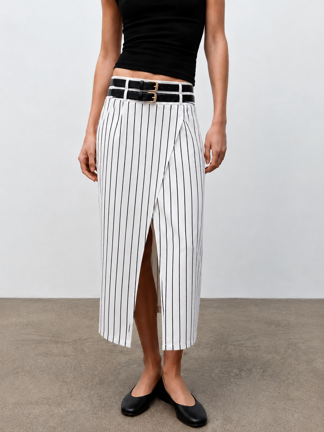 Double Belt Pinstripe Slit Midi Skirt with Side Pockets and Button Detail
