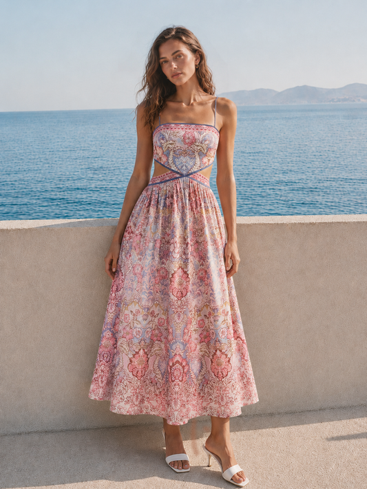 Vintage Floral Cutout Back Tie Maxi Dress for Summer Weddings
