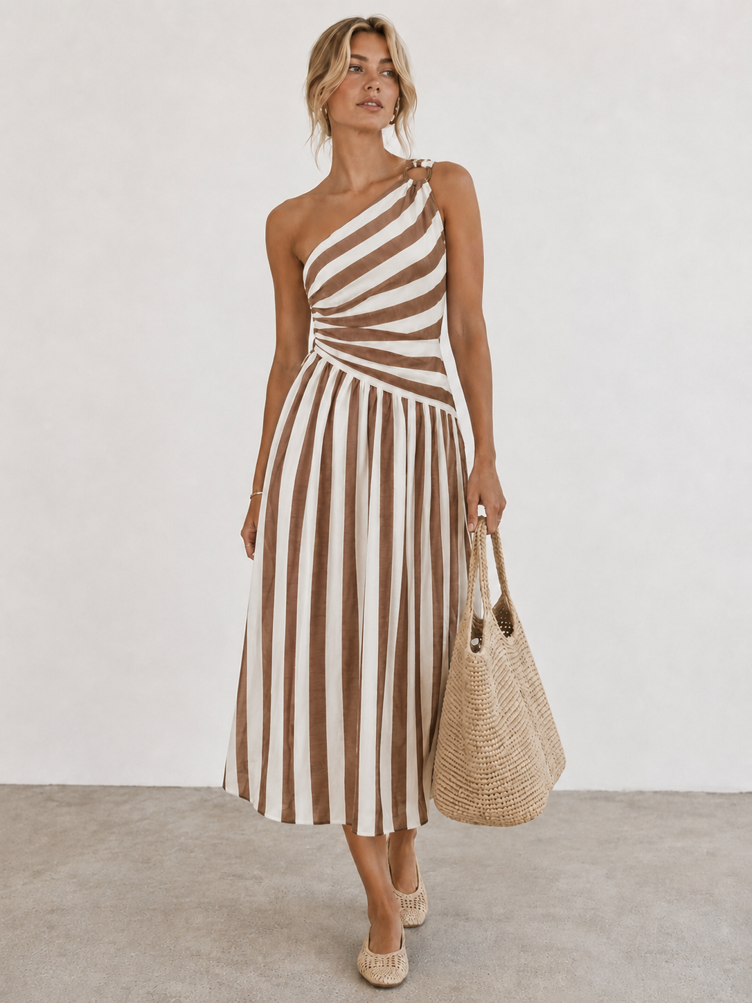 One-Shoulder Striped Ring Detail Midi Dress with Side Slit