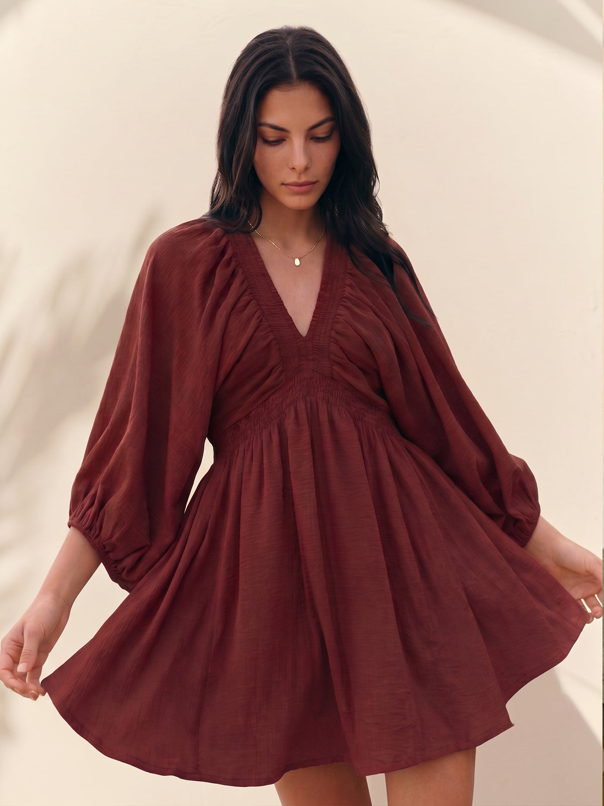 Smocked V-Neck Puff Sleeve Mini Dress Women's Casual Summer Outfit