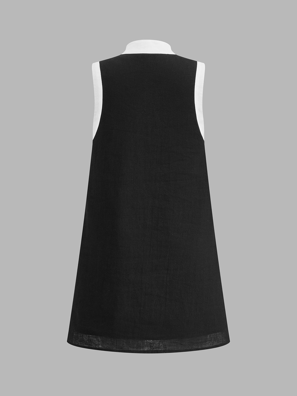 Color Block Stand Collar Cotton Linen Mini Dress for Casual Summer Wear