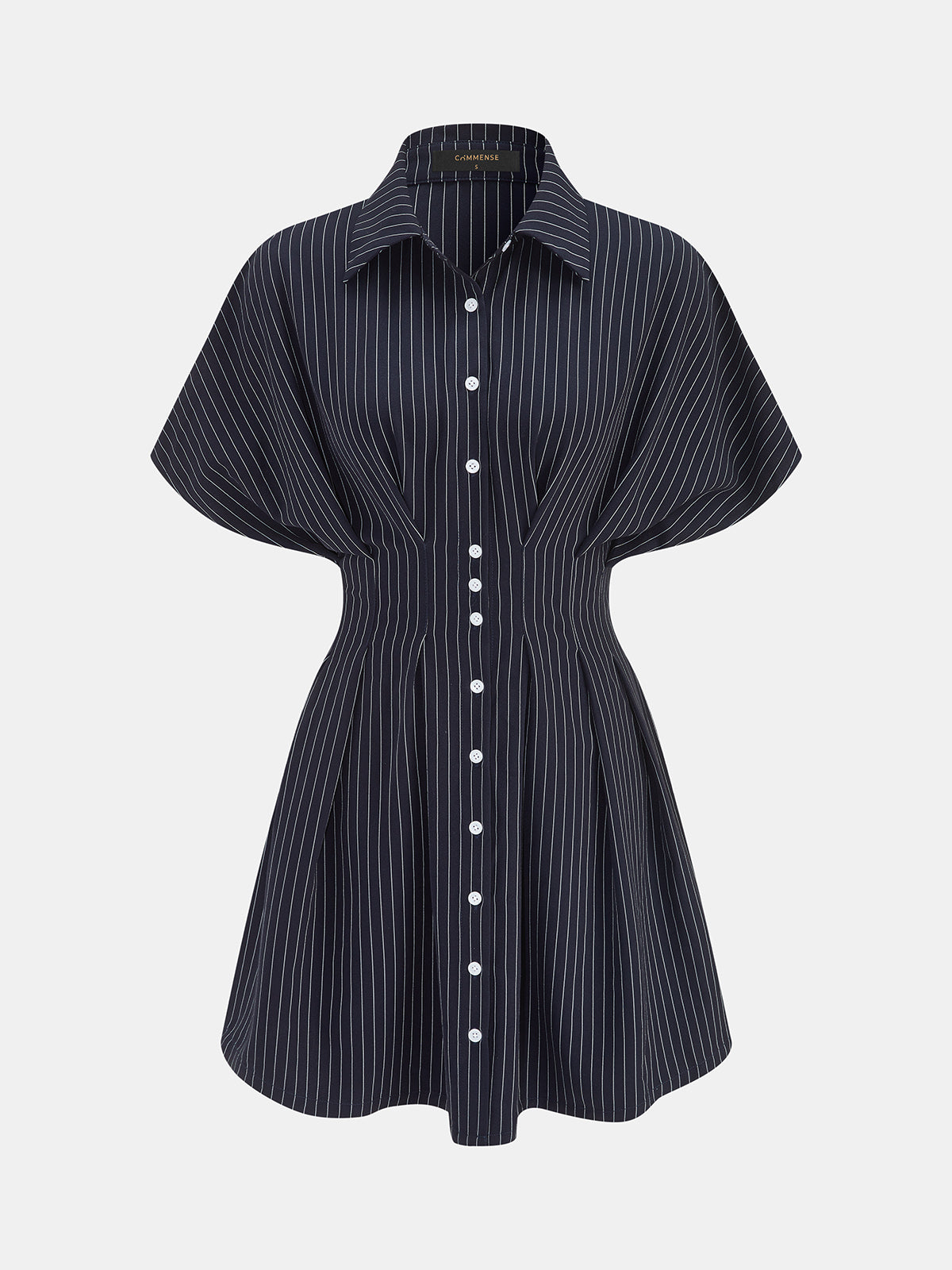 Pinstripe Cinched Waist Mini Shirt Dress with Belt Detail