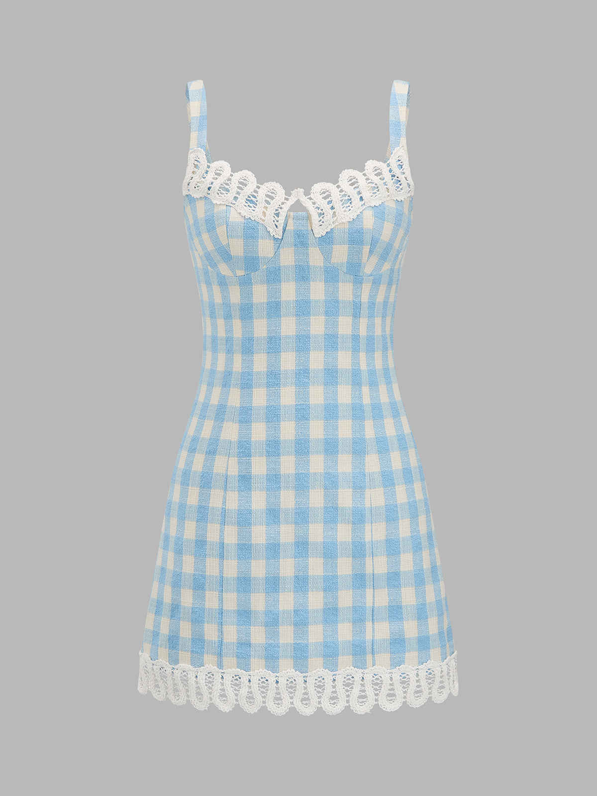 Gingham Lace Trim Mini Slip Dress with Adjustable Straps