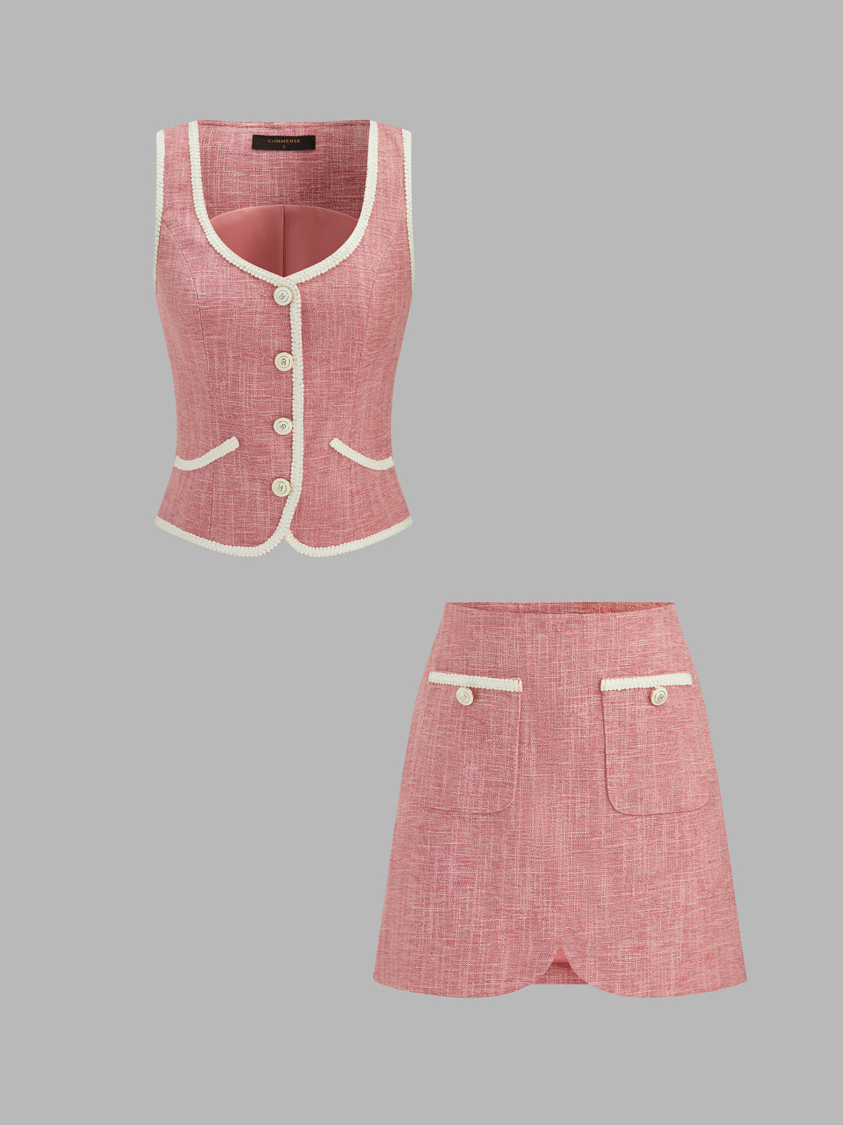 Contrast Piping Tweed Two Piece Elegant Office Skirt Set