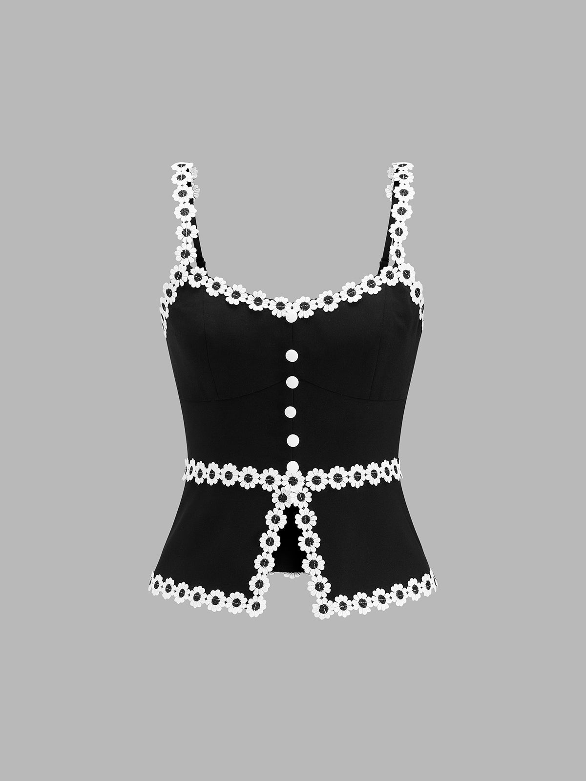 Daisy Lace Trim Front Split Cami Top with Adjustable Straps