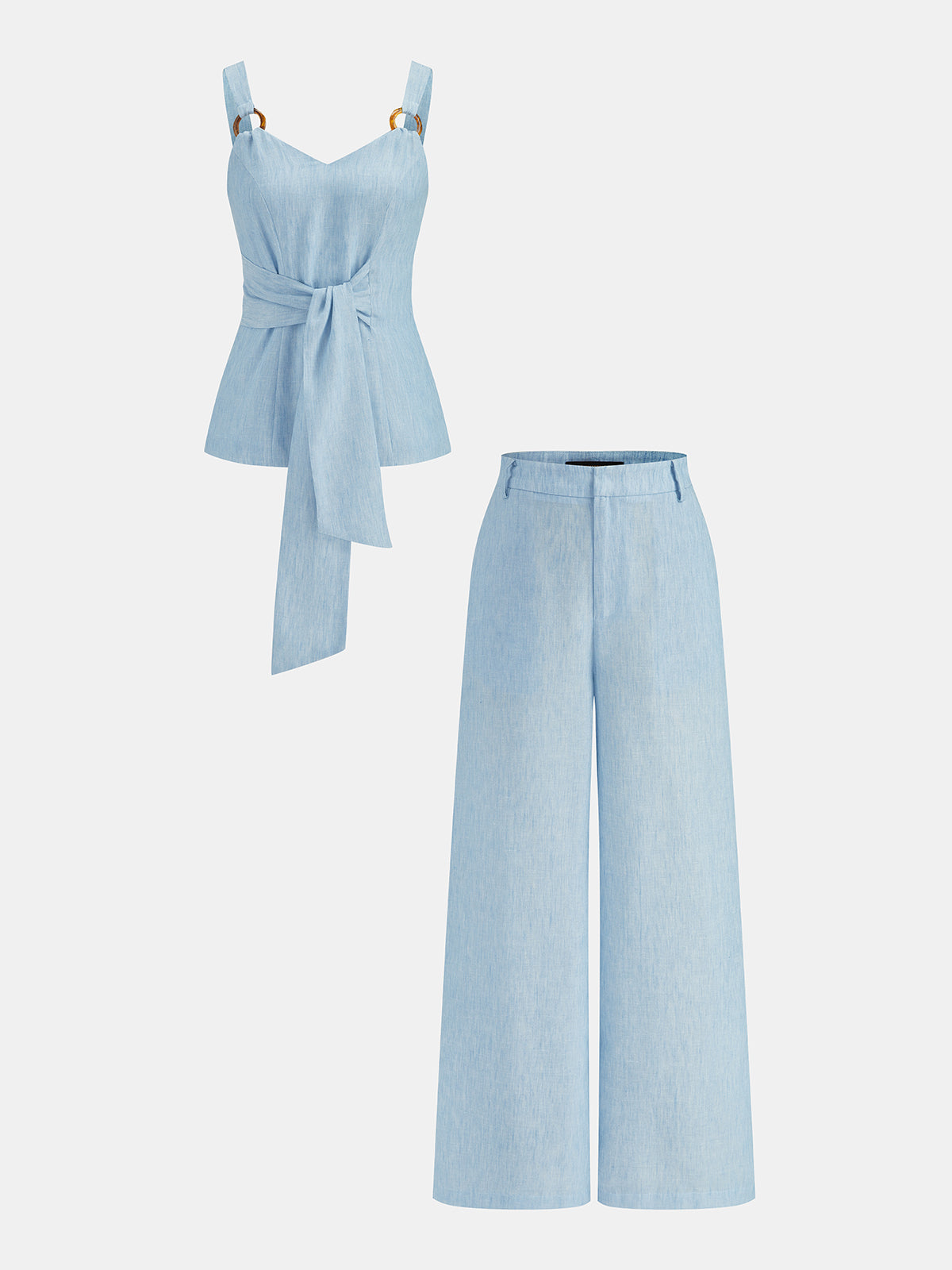 Ring Detail Tie-Waist Top & Pants Set for Women's Formal Attire