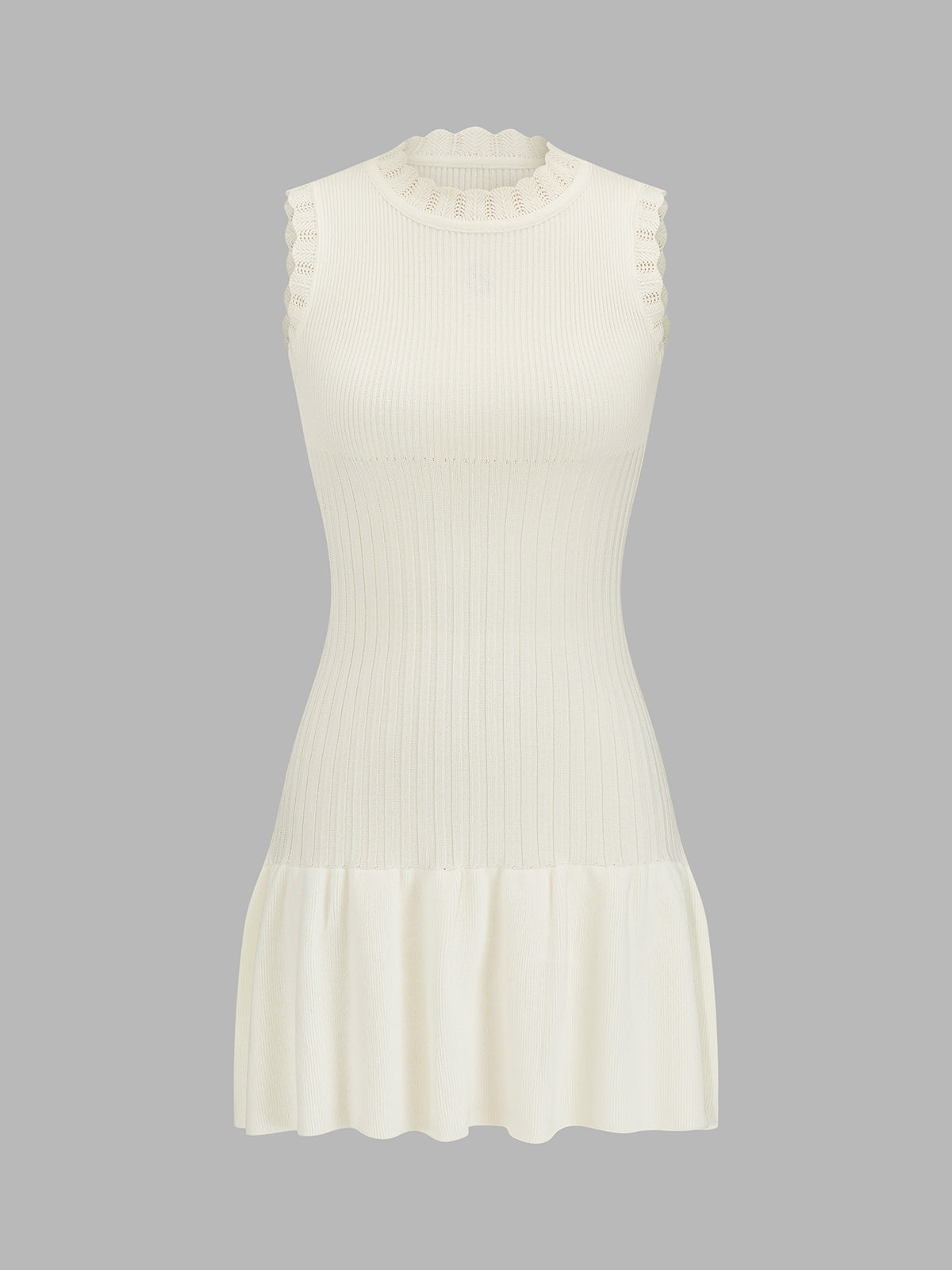 Ruffle Neck Ribbed Knit Sleeveless Mini Dress Women's Summer Casual