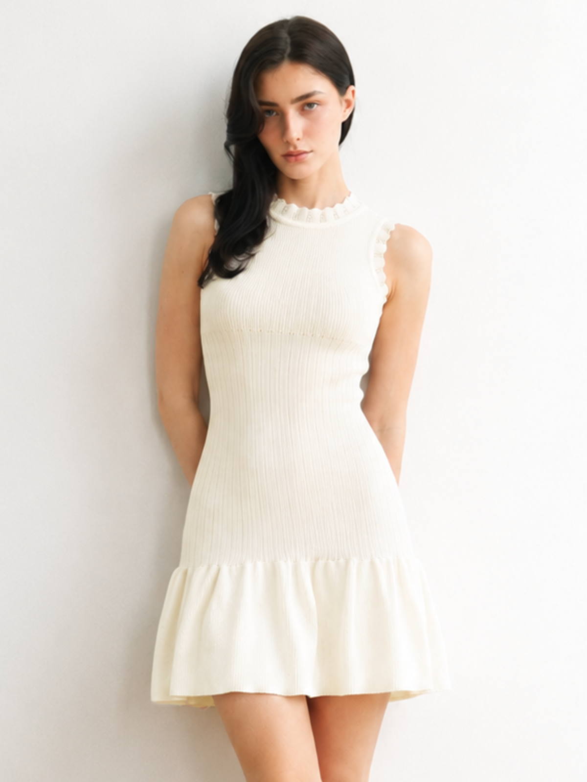 Ruffle Neck Ribbed Knit Sleeveless Mini Dress Women's Summer Casual