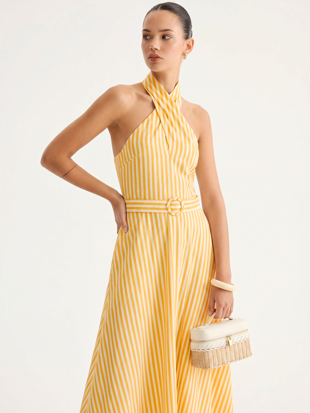 Striped Halter Belted Maxi Dress with Side Splits and V-Neck