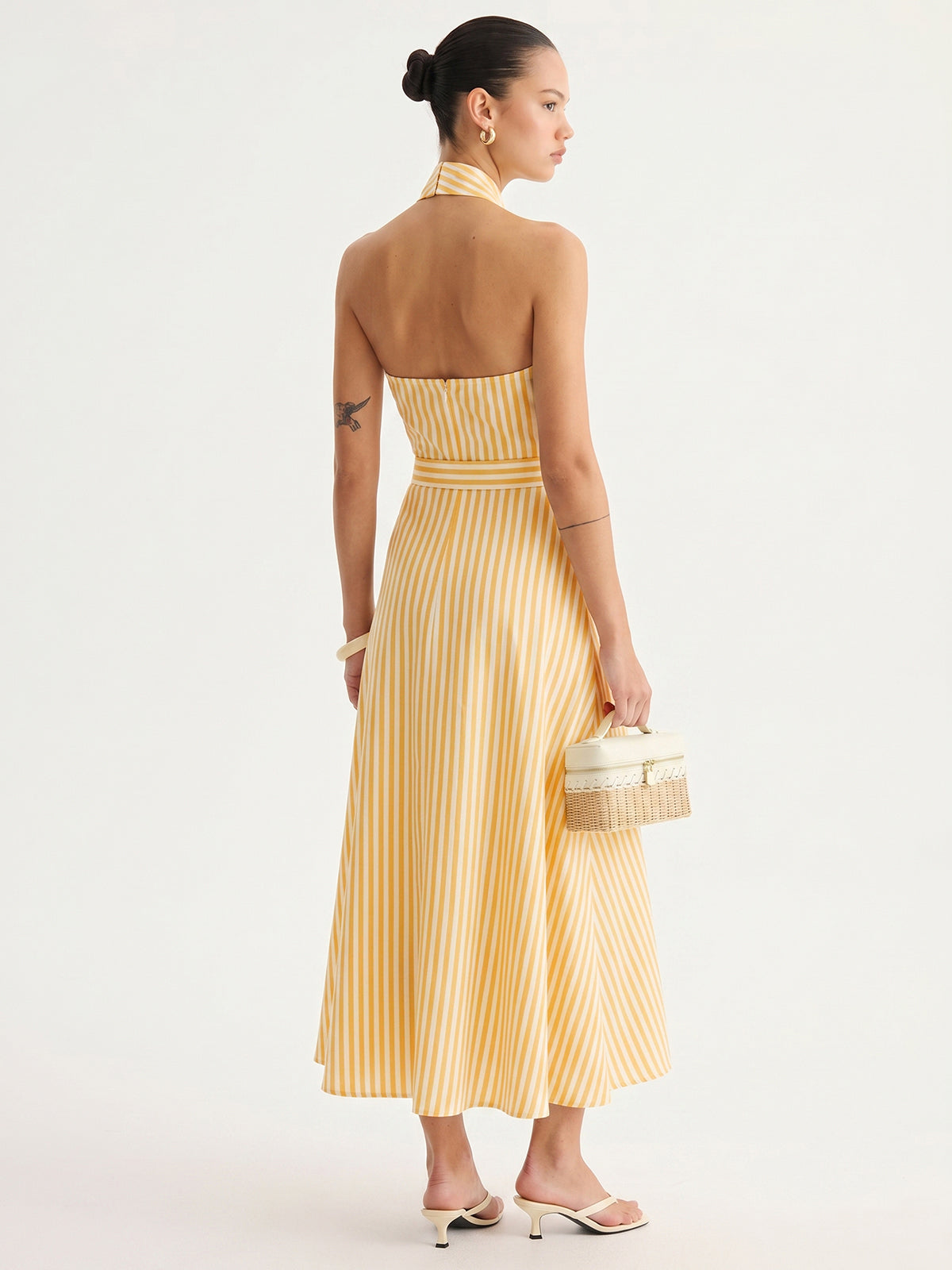 Striped Halter Belted Maxi Dress with Side Splits and V-Neck