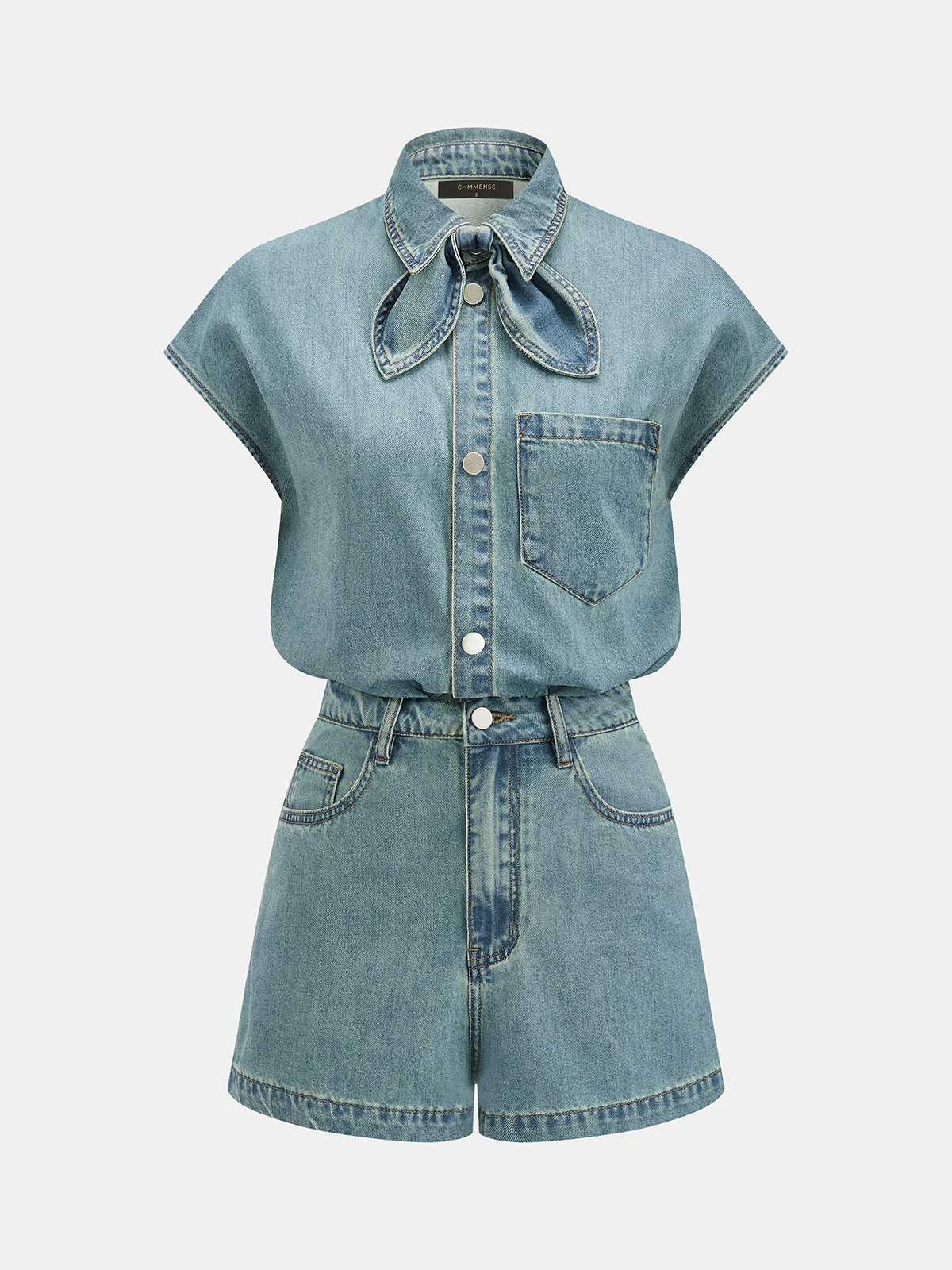 Denim Bow Tie Blouse & Shorts Set for Women, Casual Summer Outfit