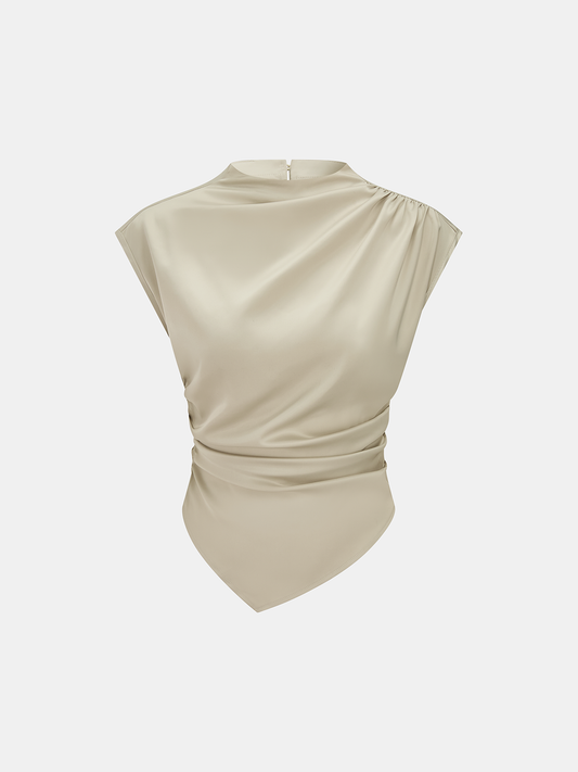 Asymmetrical Draped Ruched Satin Blouse for Women Elegant Evening Wear